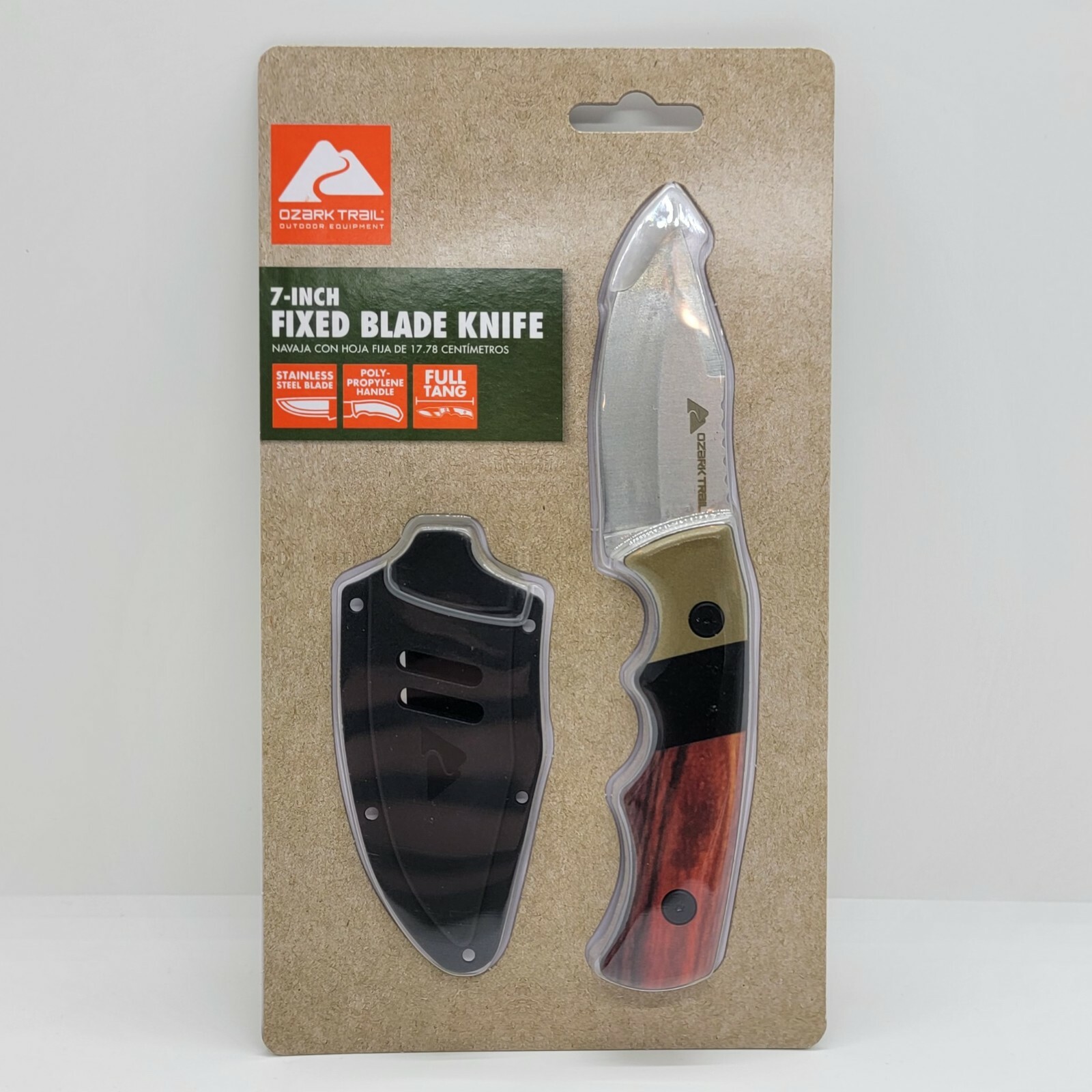Ozark Trail | 7" Fixed Blade Knife w/ "Wood" Polypropylene Handle inc. w/Sheath