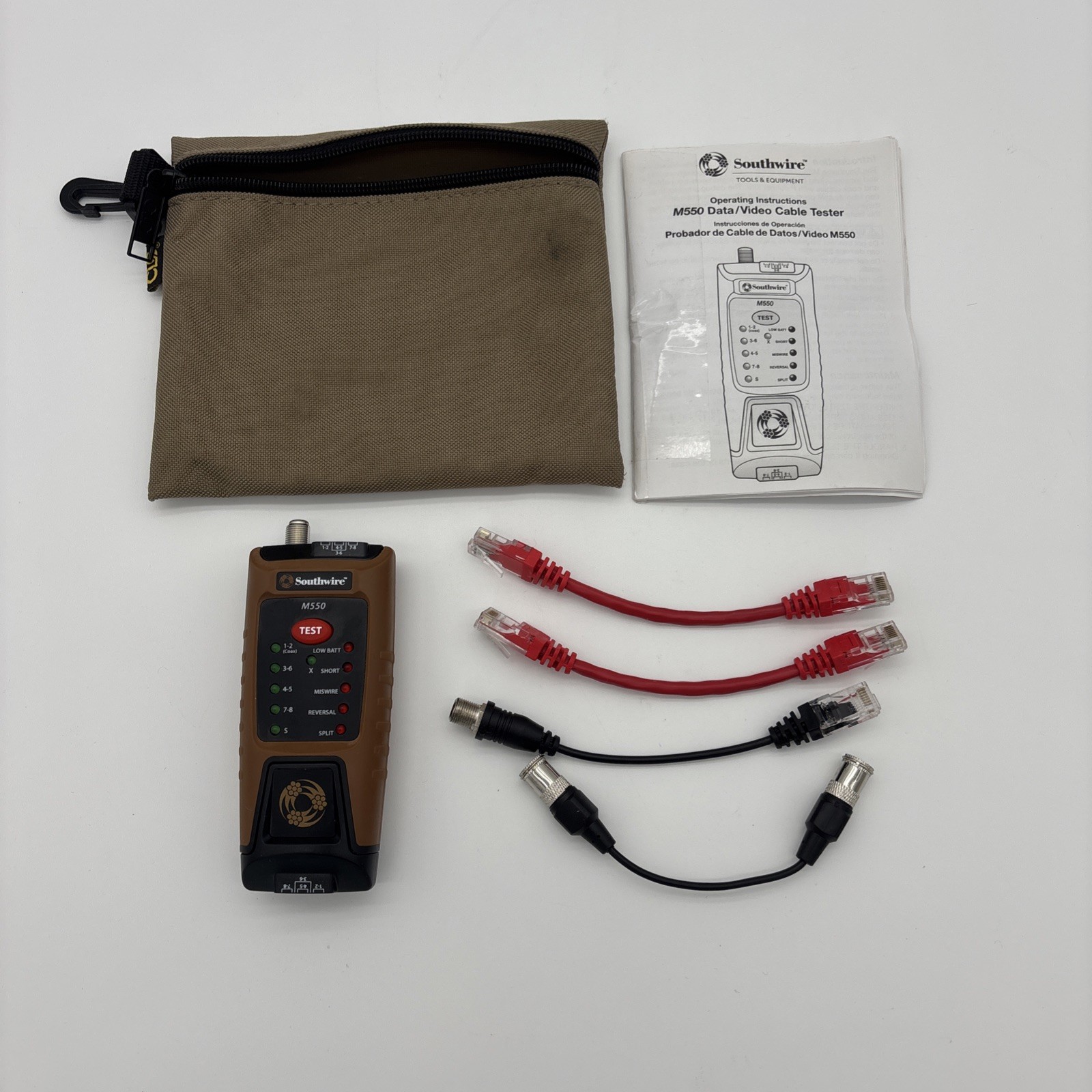 Southwire M550 Data & Video Cable Tester Instructions & 4 Cables & Case Tested