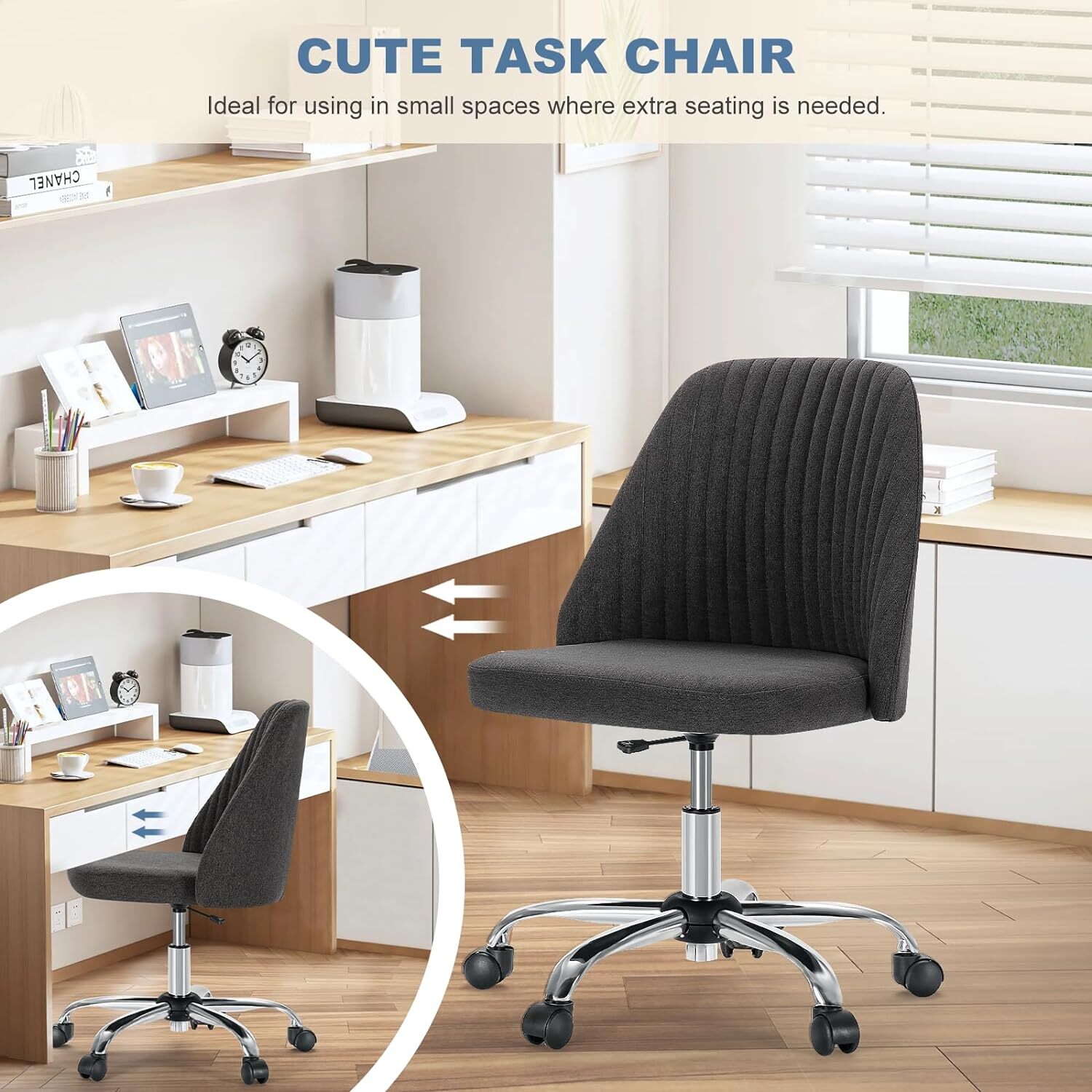 Comfy Office Desk Chair with Wheels Fabric Vanity Swivel Chair with Mid Back