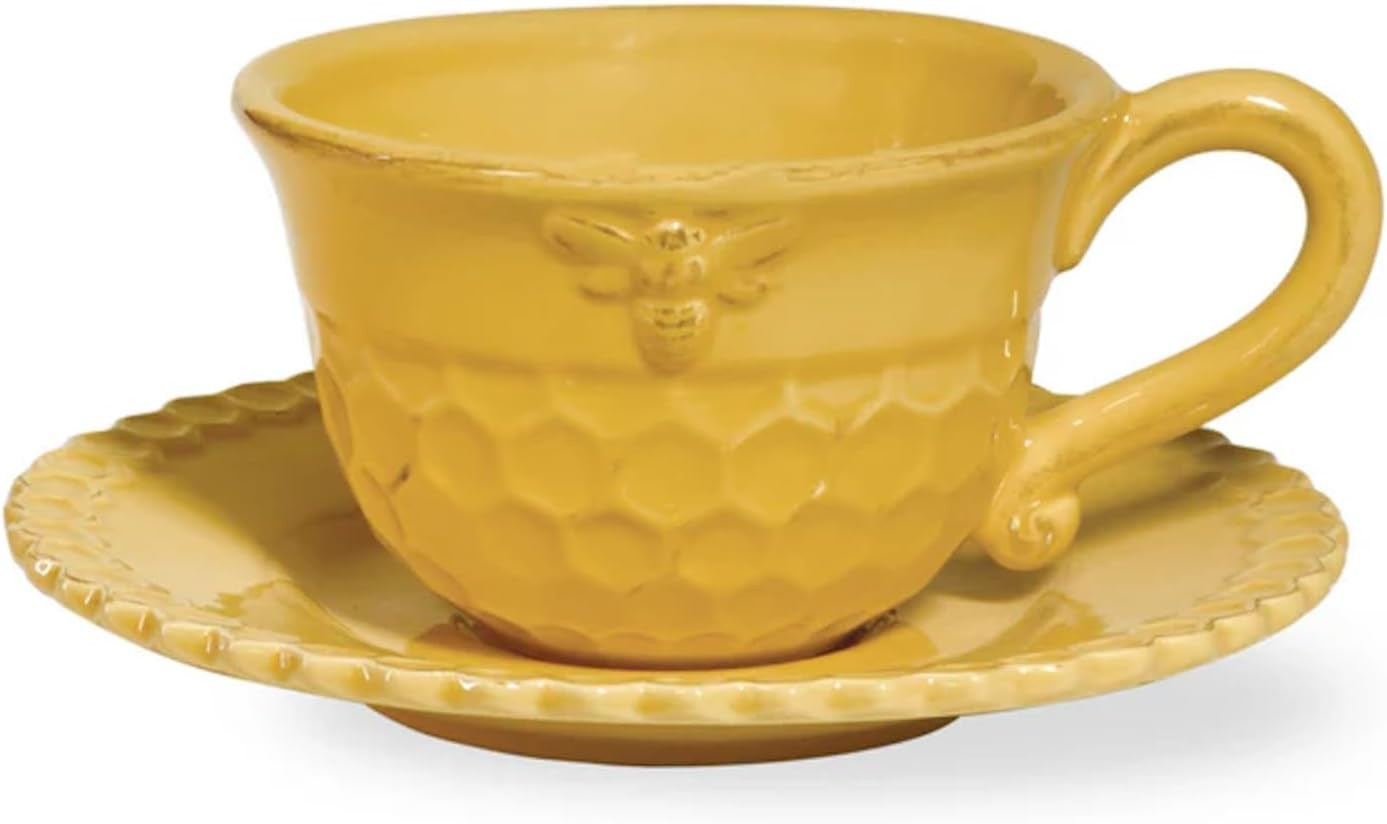 Embossed Stoneware Teacup and Saucer Set, 8-Ounces, Honeycomb
