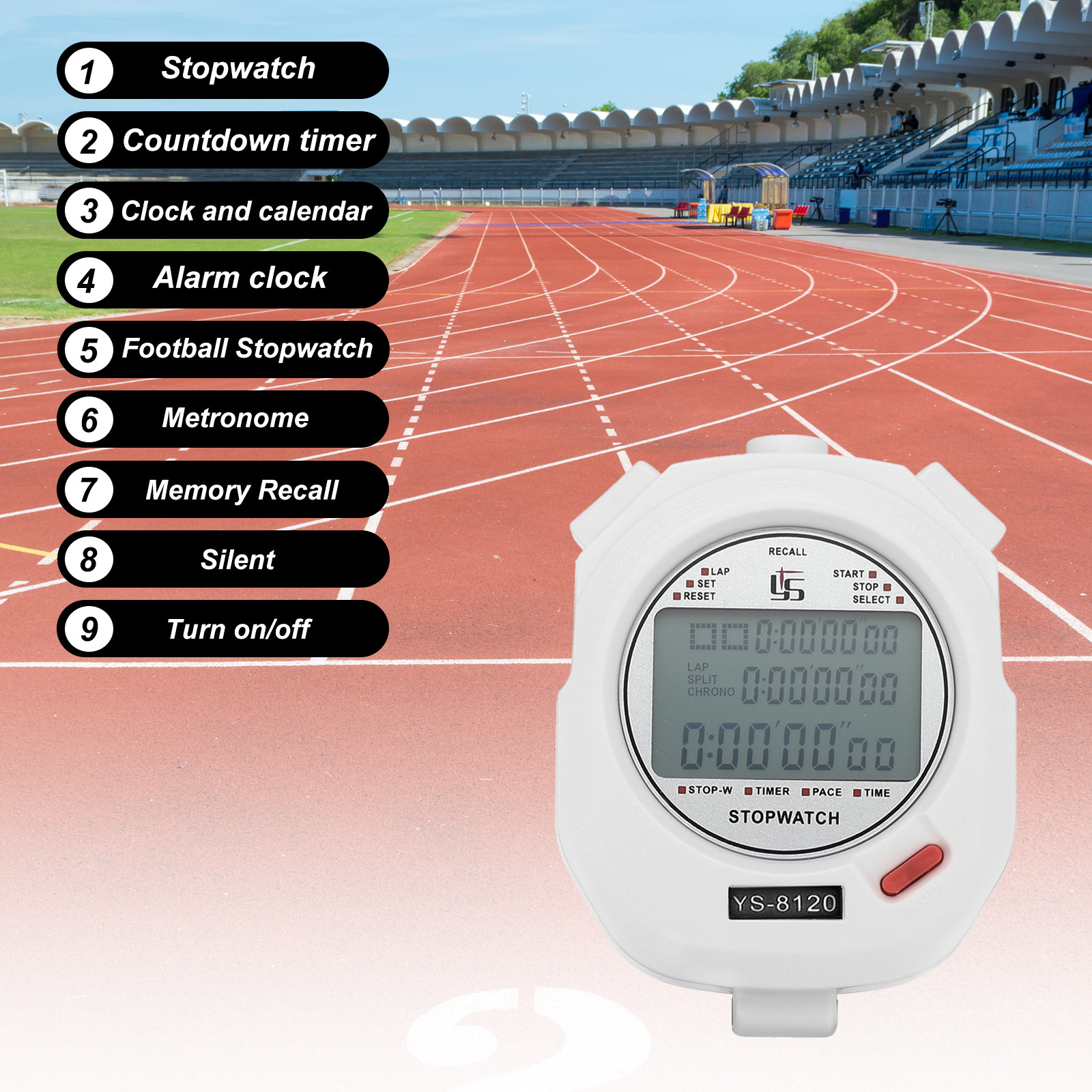 Professional Sport Stopwatch Timer 120 Lap Memory 0.01 Second Timing White