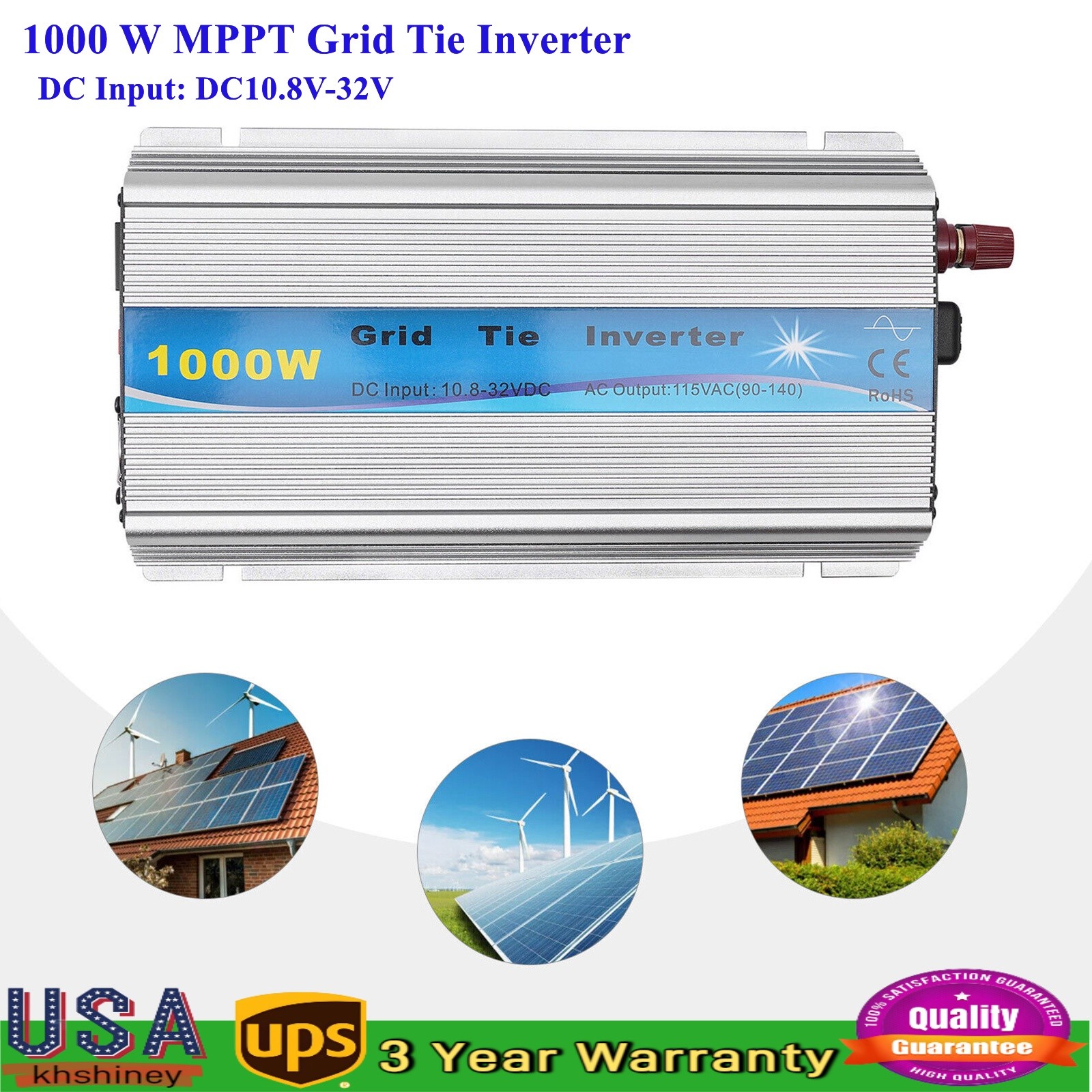 1000W MPPT Grid Tie Inverter DC10.8-32V to AC90-140V Pure Sine Wave Inverter