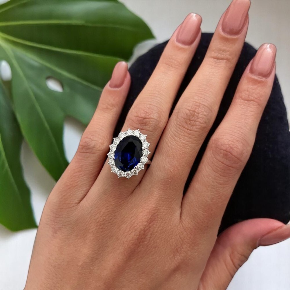 Oval Cut Lab Grown Blue Sapphire Platinum Wedding Ring Natural Diamond 8.30 Ct