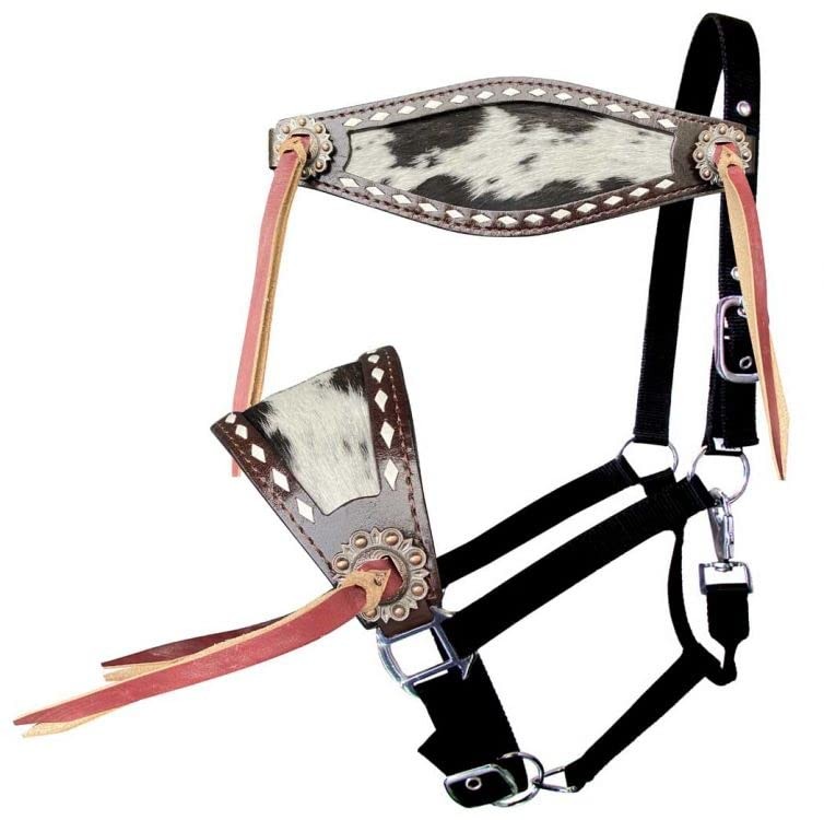 Showman Nylon Bronc Halter w/ Leather Hair-On Cowhide Noseband