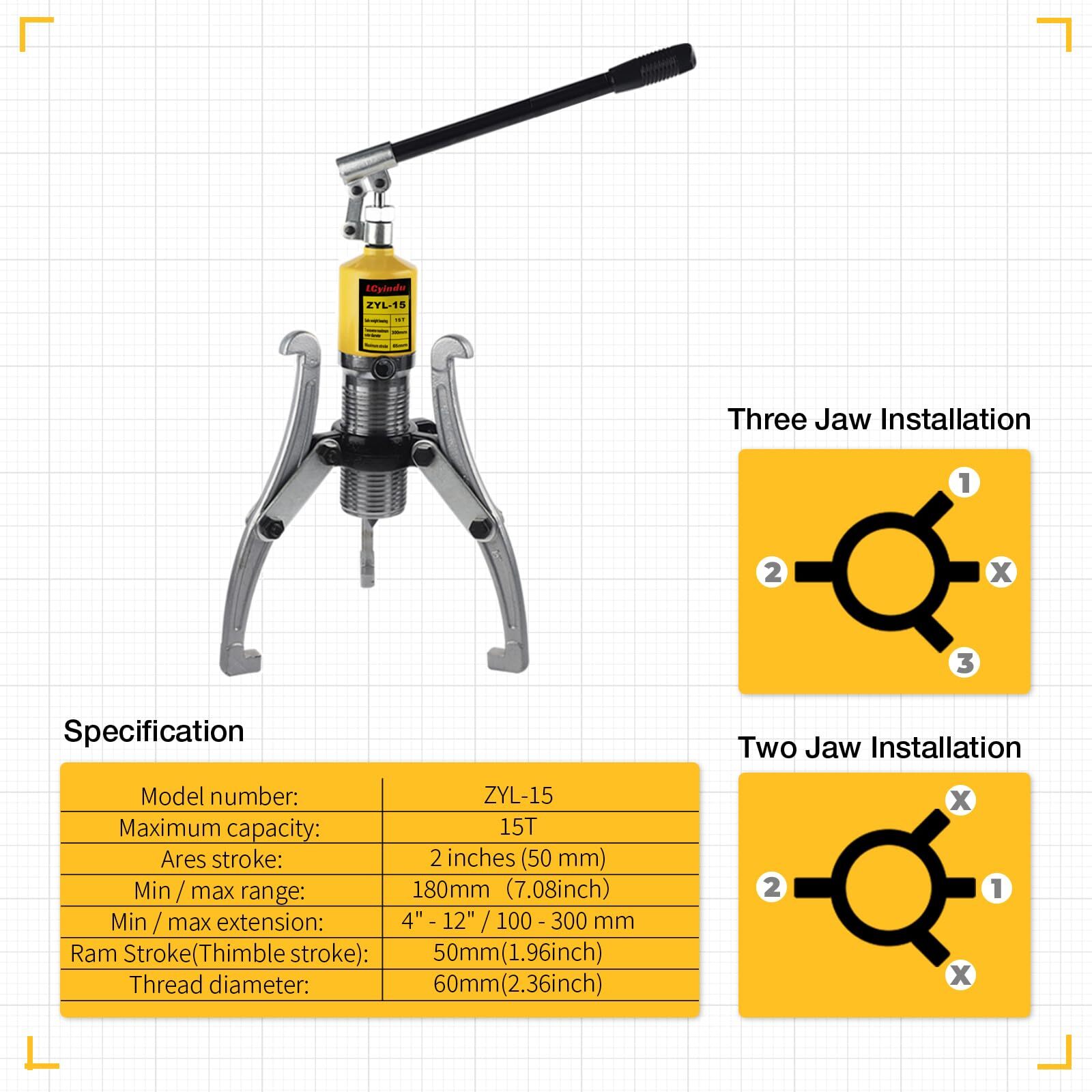15T Hydraulic Gear Puller Bearing Puller w/2/3 Jaws Heavy Duty Hydraulic Puller