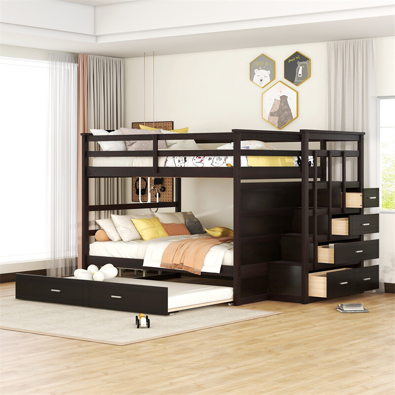 Full Over Full Wood Bunk Bed w/Twin Trundle,Storage Stairs & 4 Drawers-Espresso