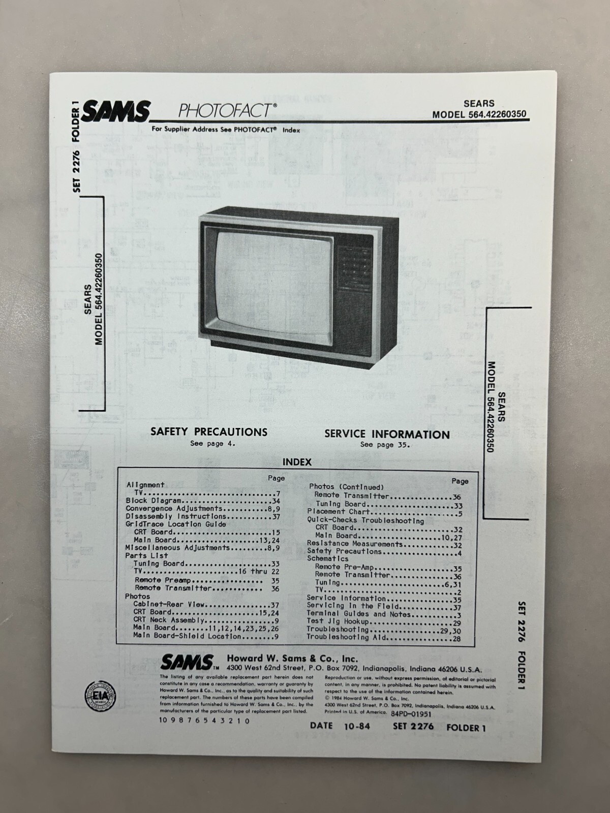 Sears 564.42260350 Service Manual Sams Photofact Free Shipping
