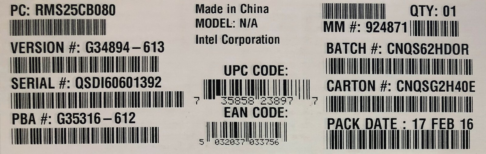 Intel RMS25CB080 SAS/SATA 6 Gb/s Integrated RAID Module NEW OPEN BOX