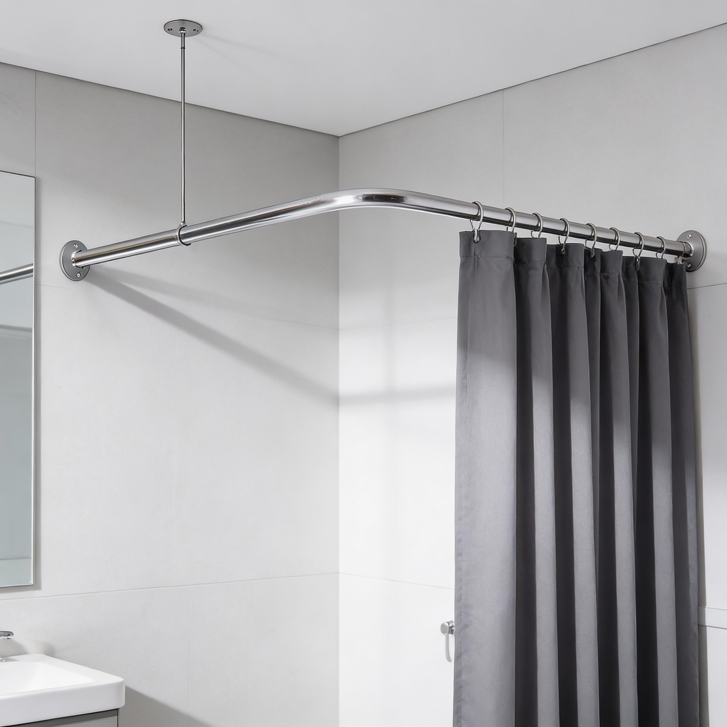 5' Corner Shower Curtain Rod, 90 Degree L Shaped Shower Curtain Rod Aluminum Fin