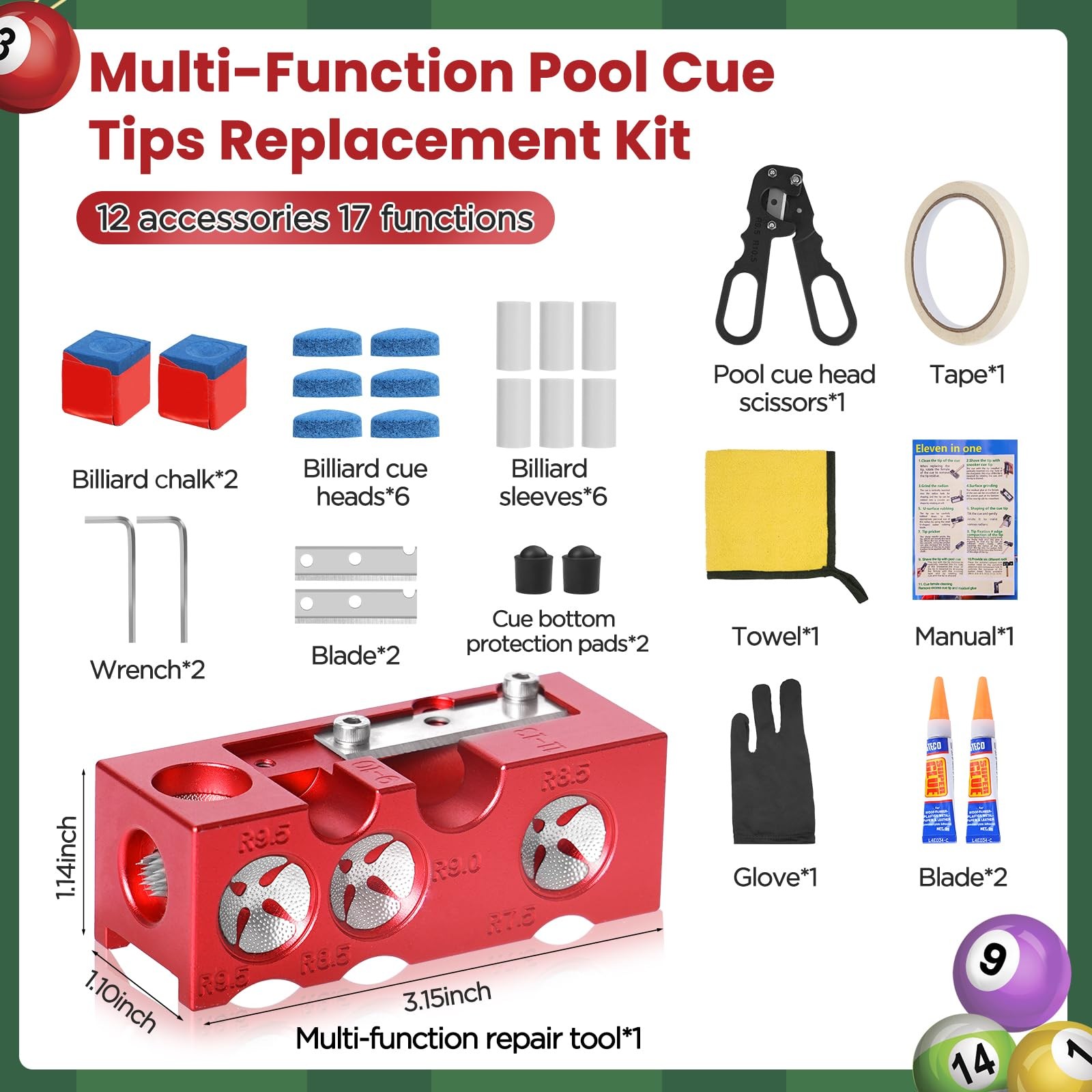 11in1 Pool Cue Tips Replacement Kit Portable Tip Shaper Stick Tool Access