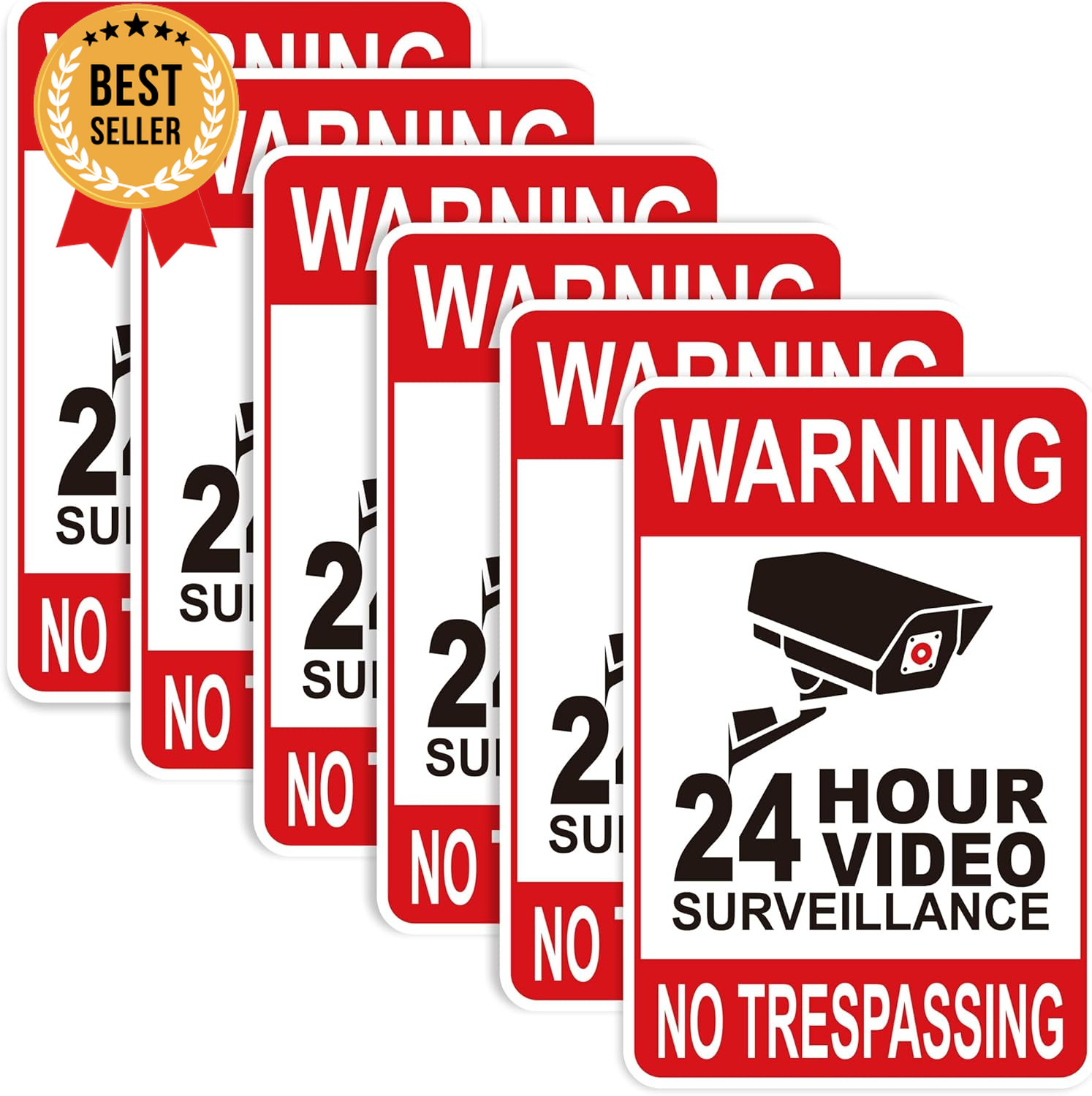 6PCS Security Camera Stickers, Durable Vinyl, 24H Recording, No Trespassing