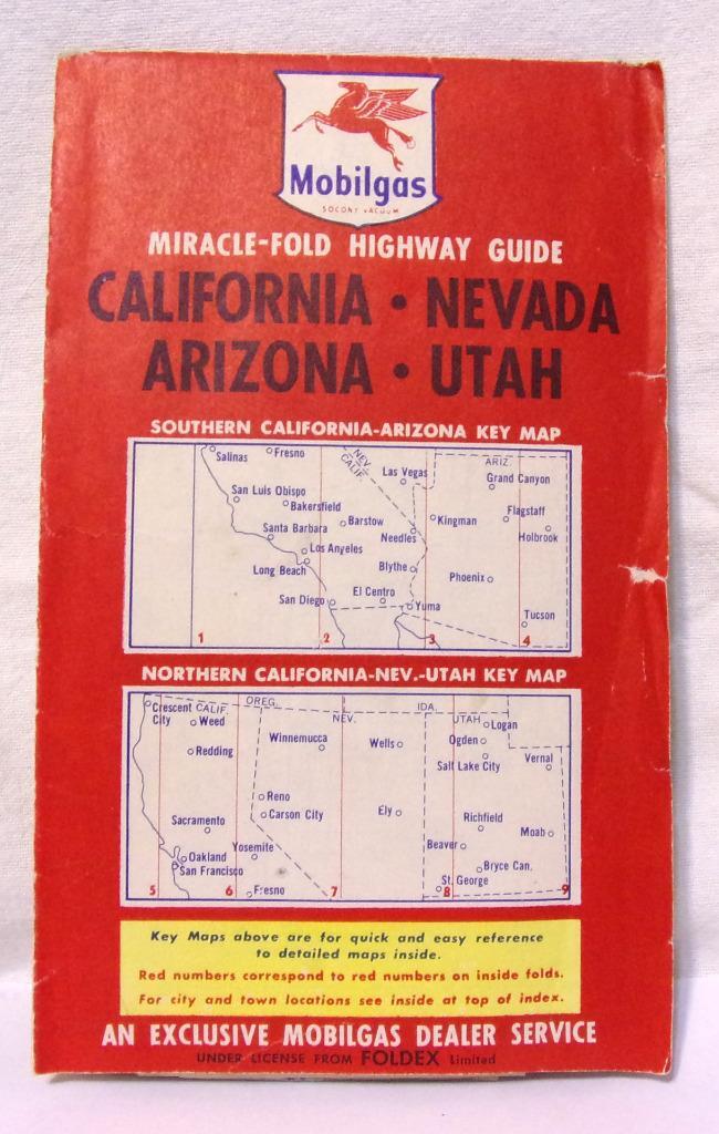 MOBILGAS 1940s California Nevada Arizona Utah Road Map Miracle-Fold
