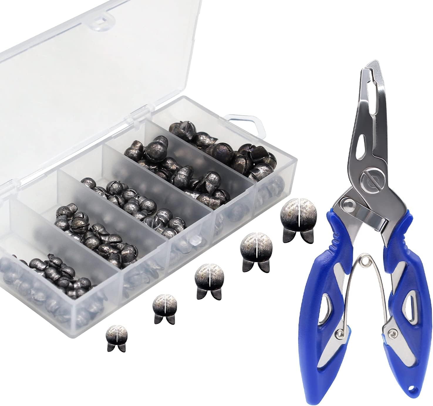 0.02oz, 0.03oz, 0.035oz, 0.05oz, 0.07oz, 100pcs round split sinker+pliers