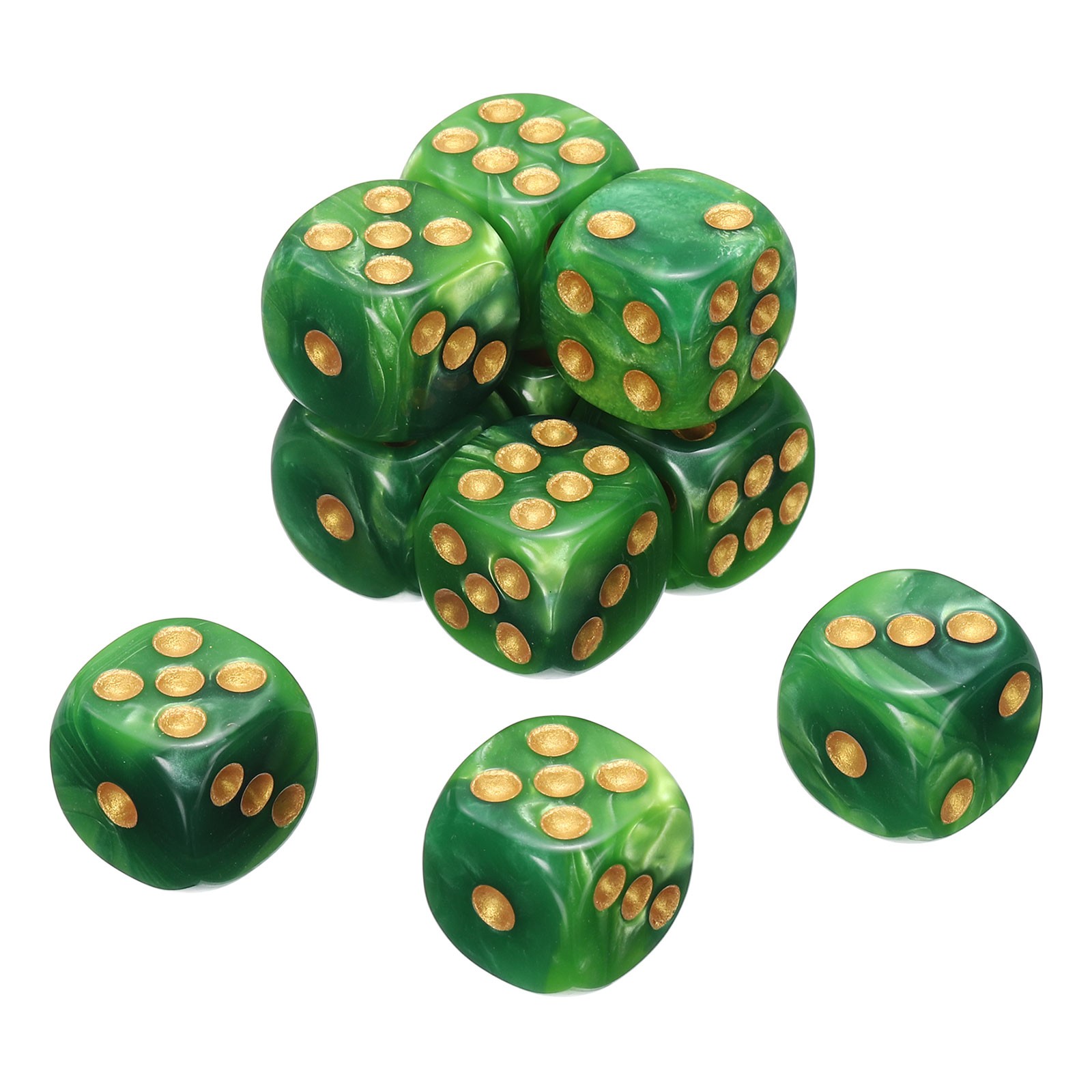 10Pcs 6 Sided Colored Standard Dice, Acrylic D6 Game Dice, Mixed Green, Gold