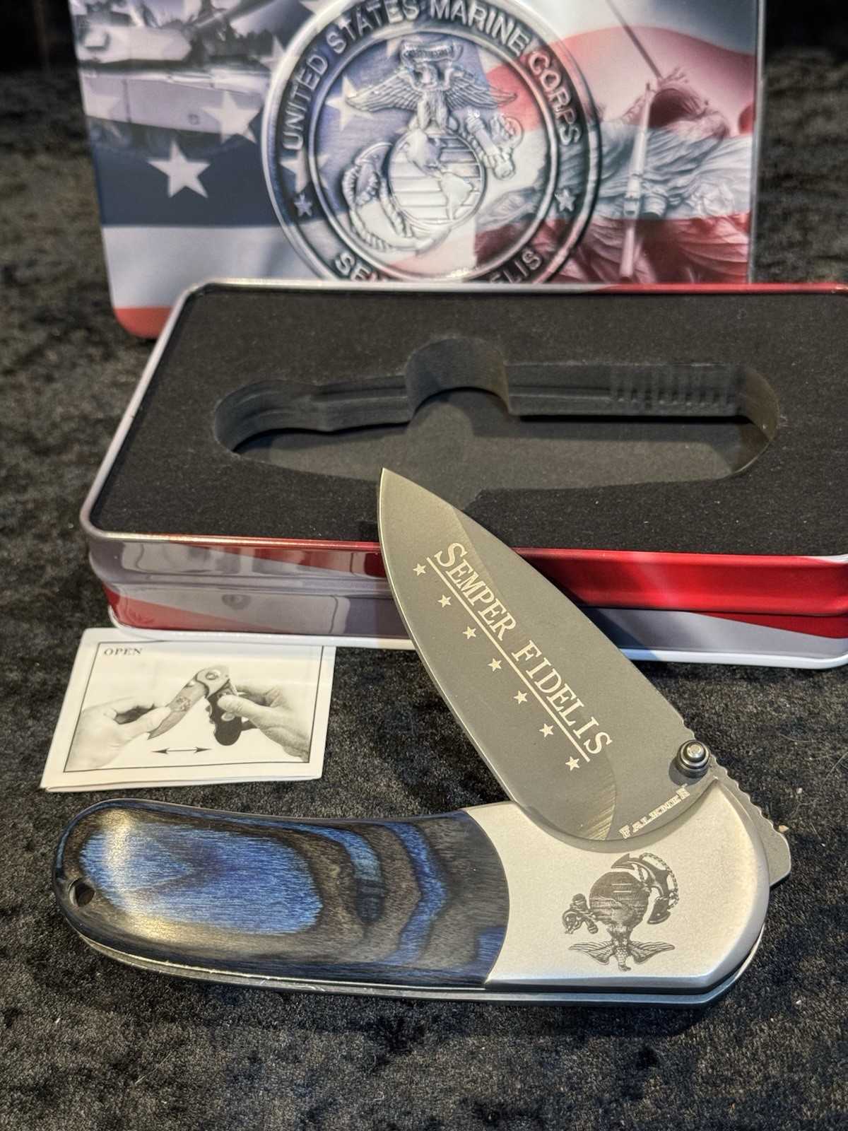 Marine Corps Semper Fidelis Knife American Mint NIB Blue Black Wood NEW UNUSED