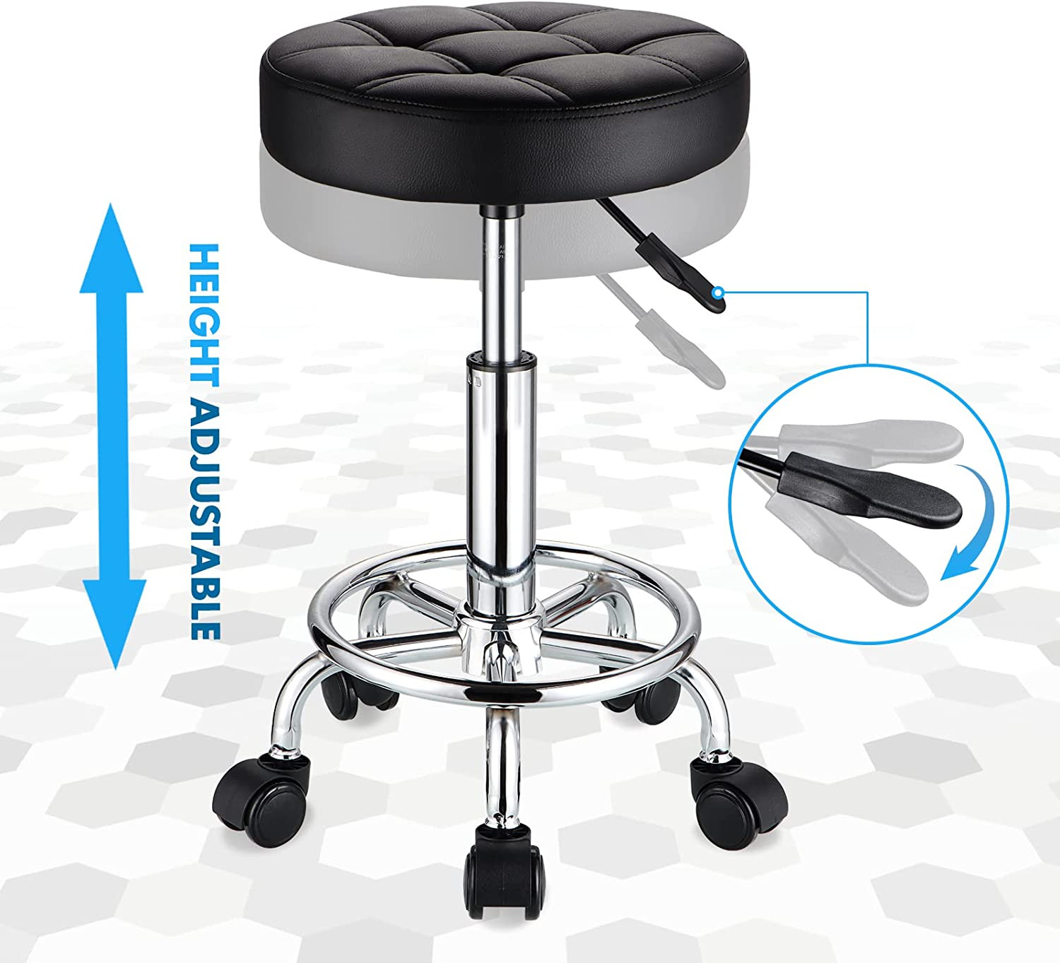 Round Rolling Stools PU Leather Seat Height Adjustable Swivel Stool with Wheels