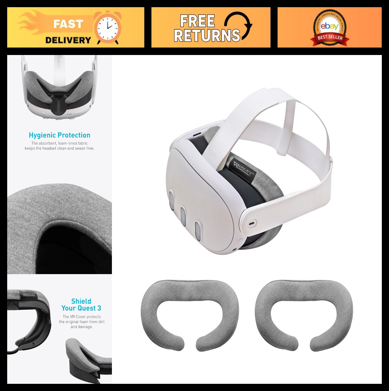 Washable Cotton VR Cover for Meta Quest 3 - Hygienic Dark Grey, 2 Pack