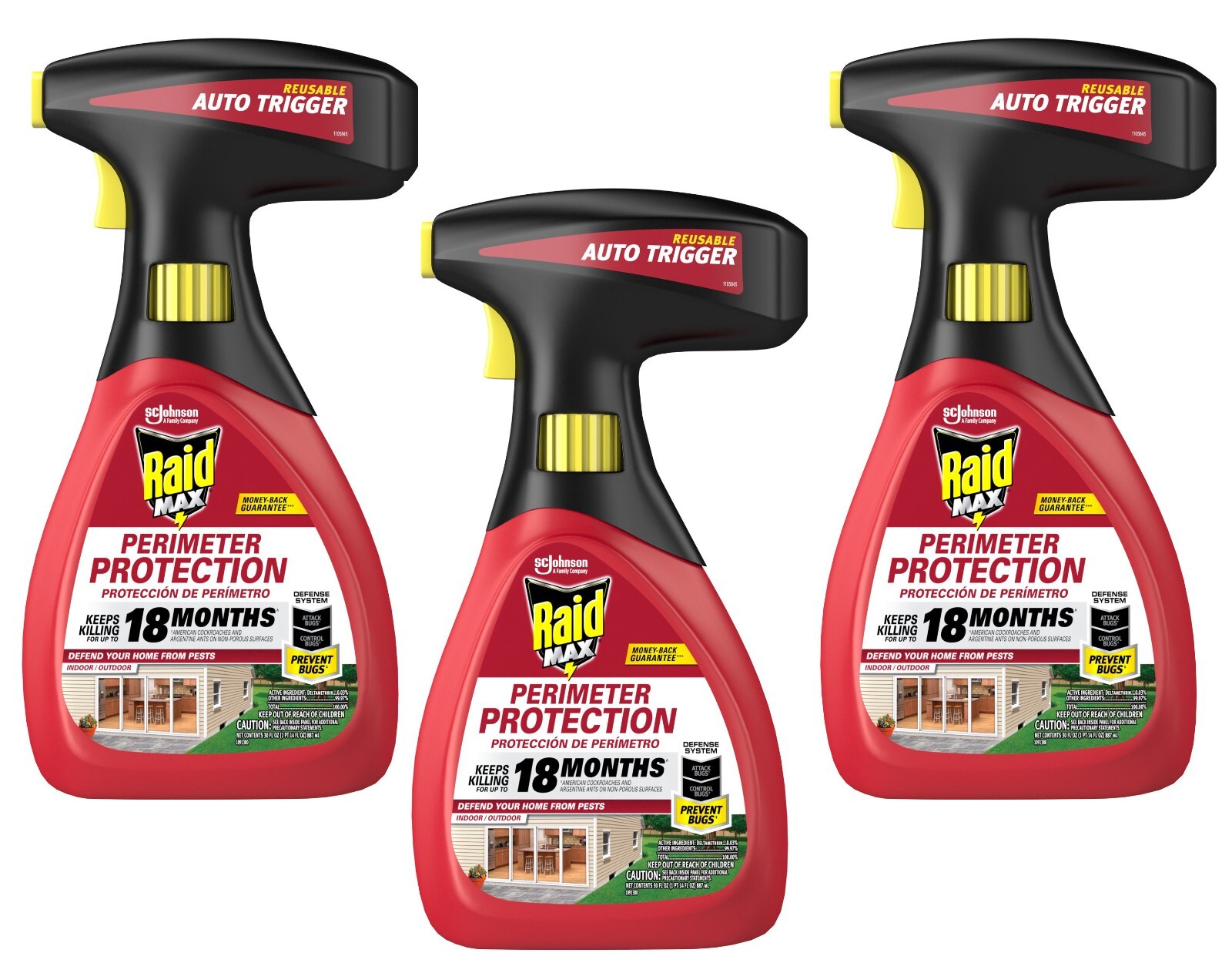 3 Pack Raid MAX Perimeter Protection Kills Bugs Auto Trigger 30 oz Each