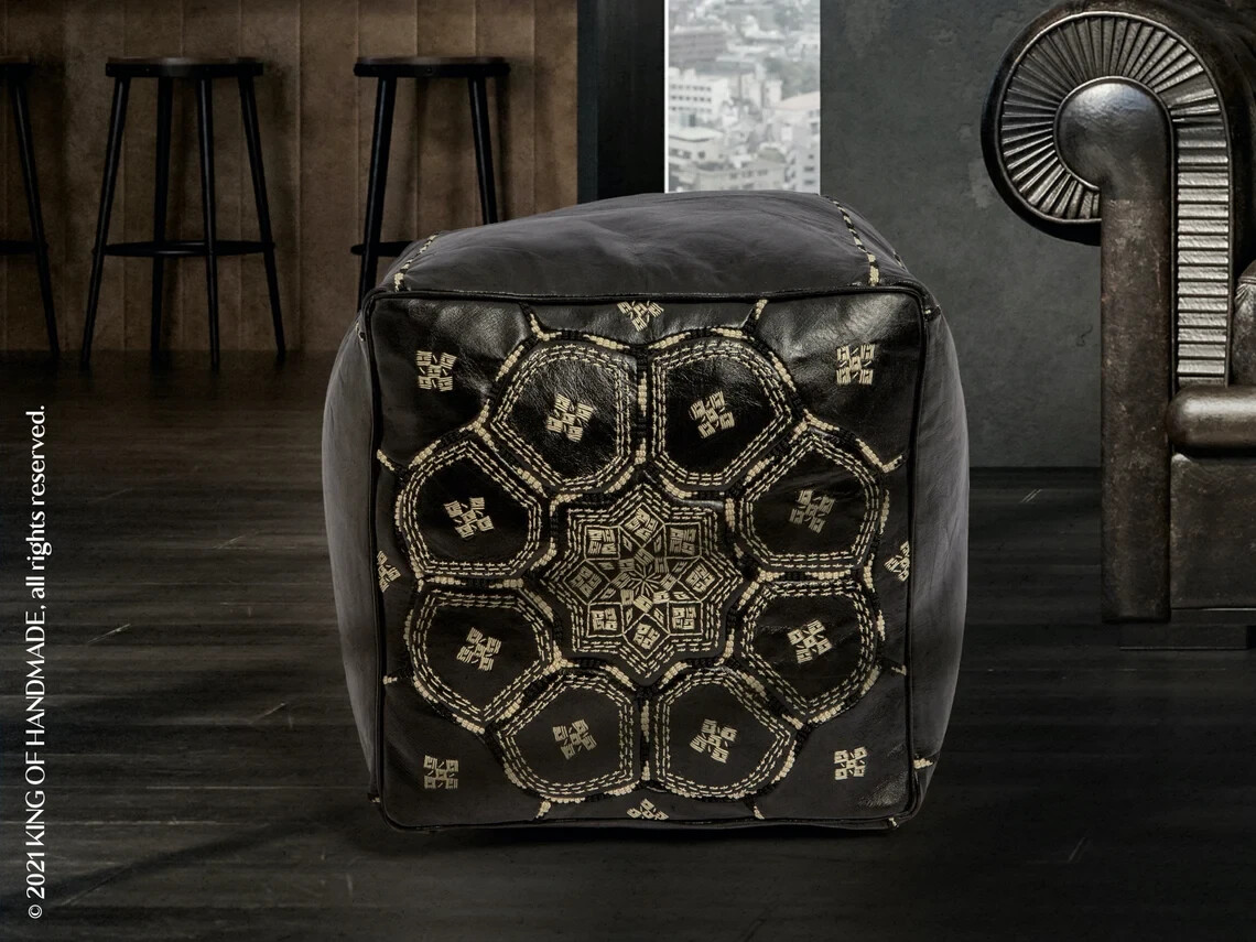 Moroccan Handmade Genuine Leather Boho Pouf Ottoman Footstool Pouffe Black