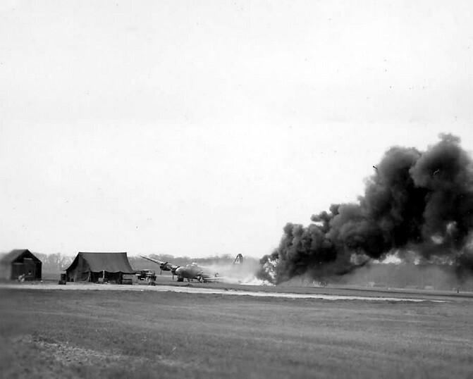 B-17 Flying Fortress Crash and Fire at Airfield in England WWII 8x10 Photo 136b