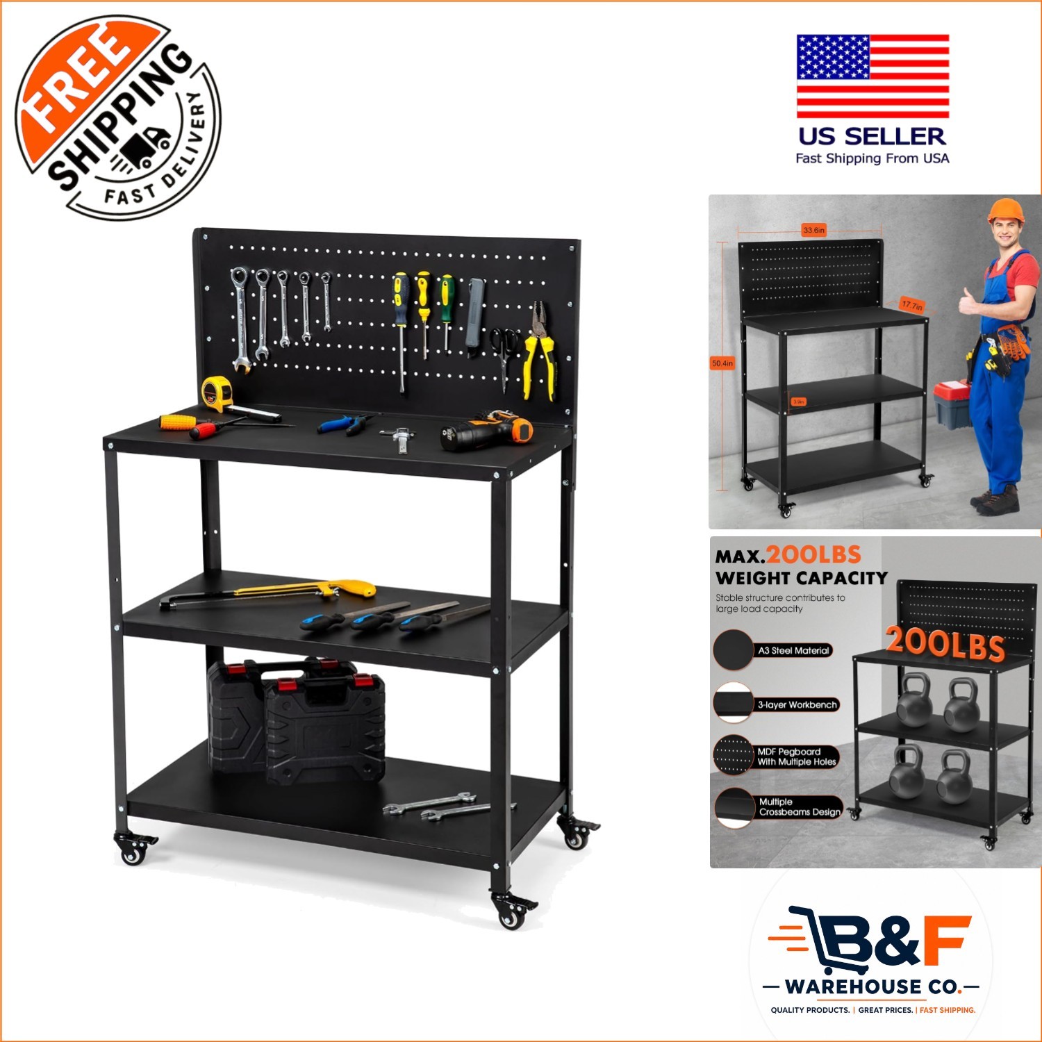 50.4” Heavy-Duty Workbench with Pegboard & Lockable Wheels – 600 lbs Capacity
