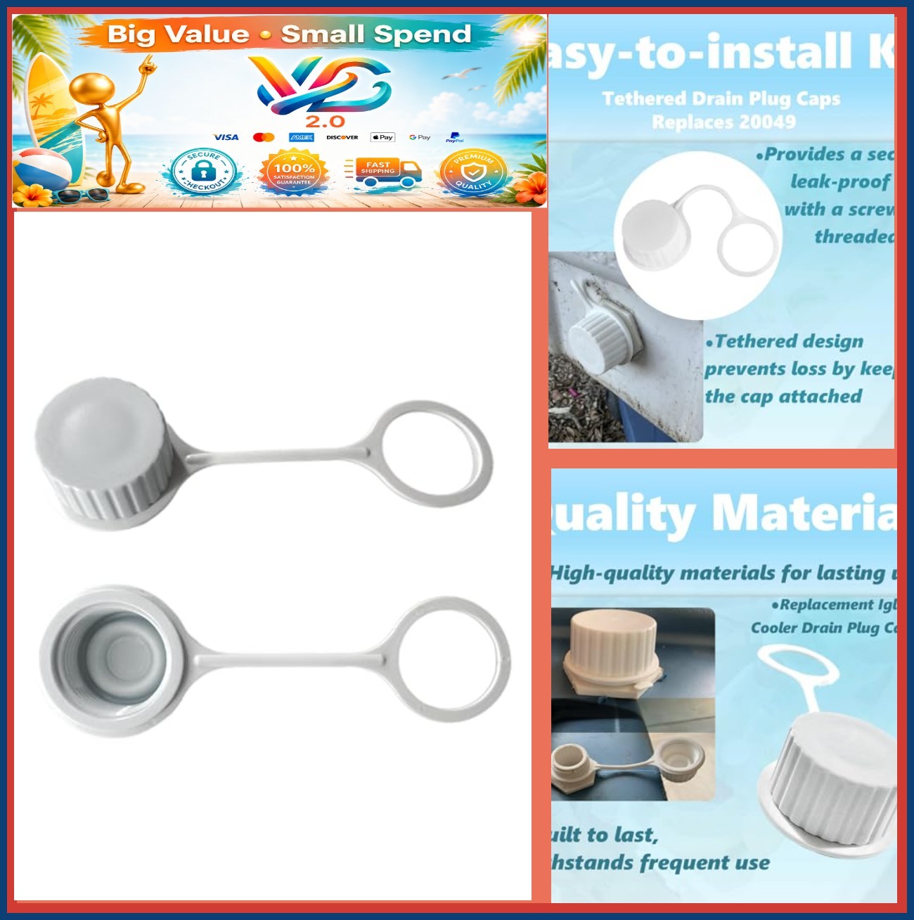 Replacement Threaded Drain Plug Cap with Tether for Igloo Coolers 2 Pack White