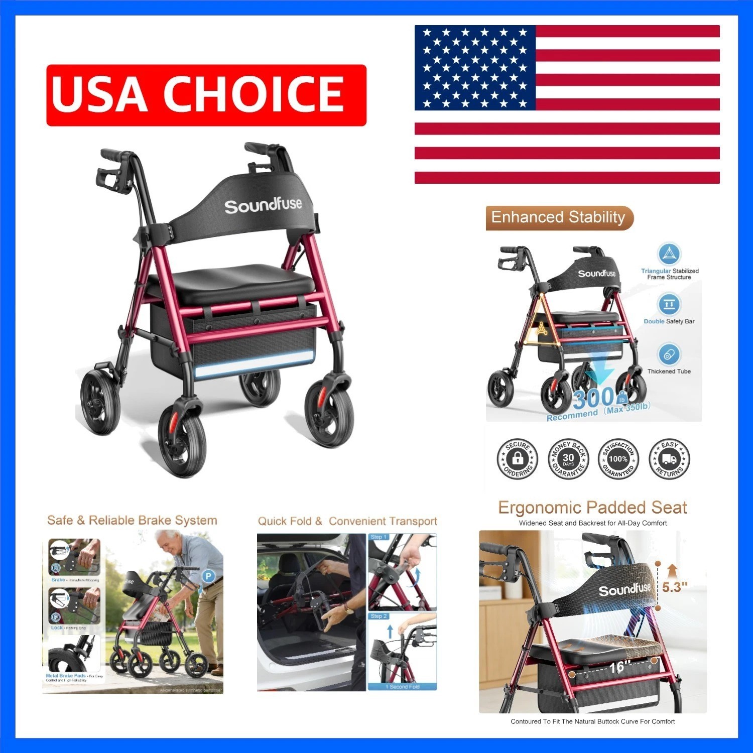 Foldable Rollator Walkers for Seniors with 16" Ergonomic Arc Seat | 350lb Stu...