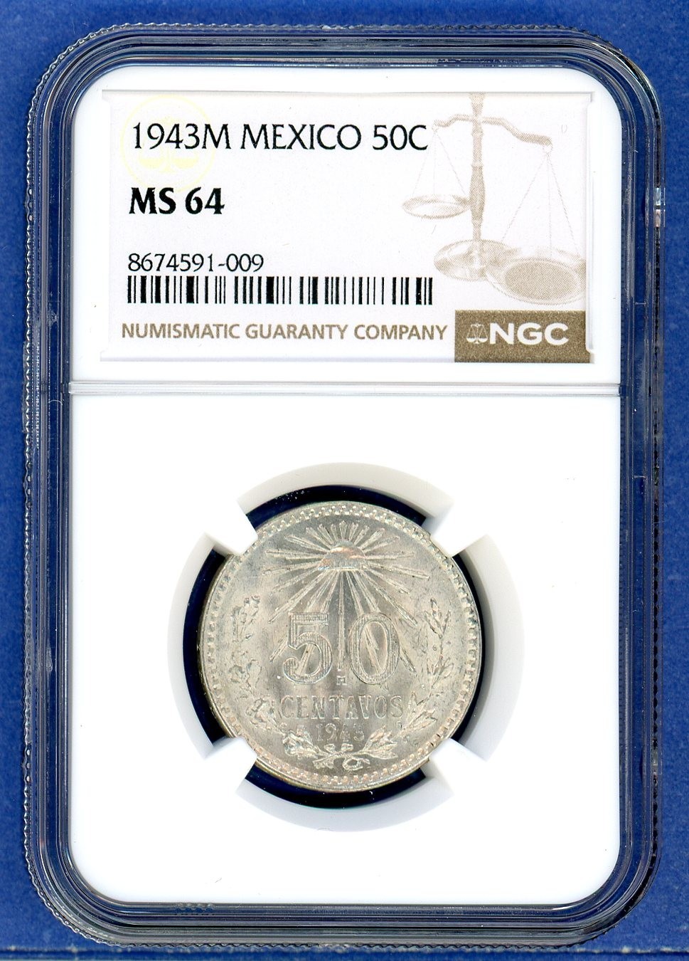 1943 M Mexico NGC MS64 Silver 50 Centavos MS-64 Blast White