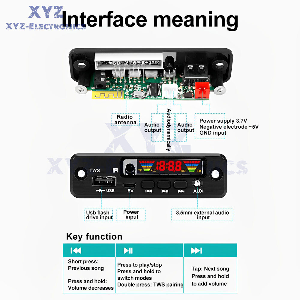 TWS Bluetooth 5.0 MP3 Decoder Board DC3.7-5V FM Radio MP3 Player Lossless Audio