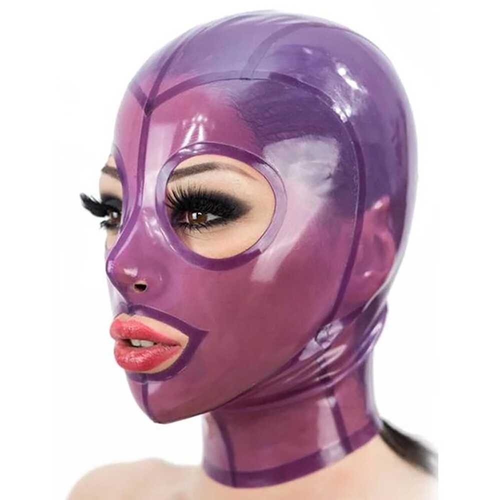 Transparent Purple Latex Rubber Mask Hood Back Zipper Fetish Clubwear Cosplay