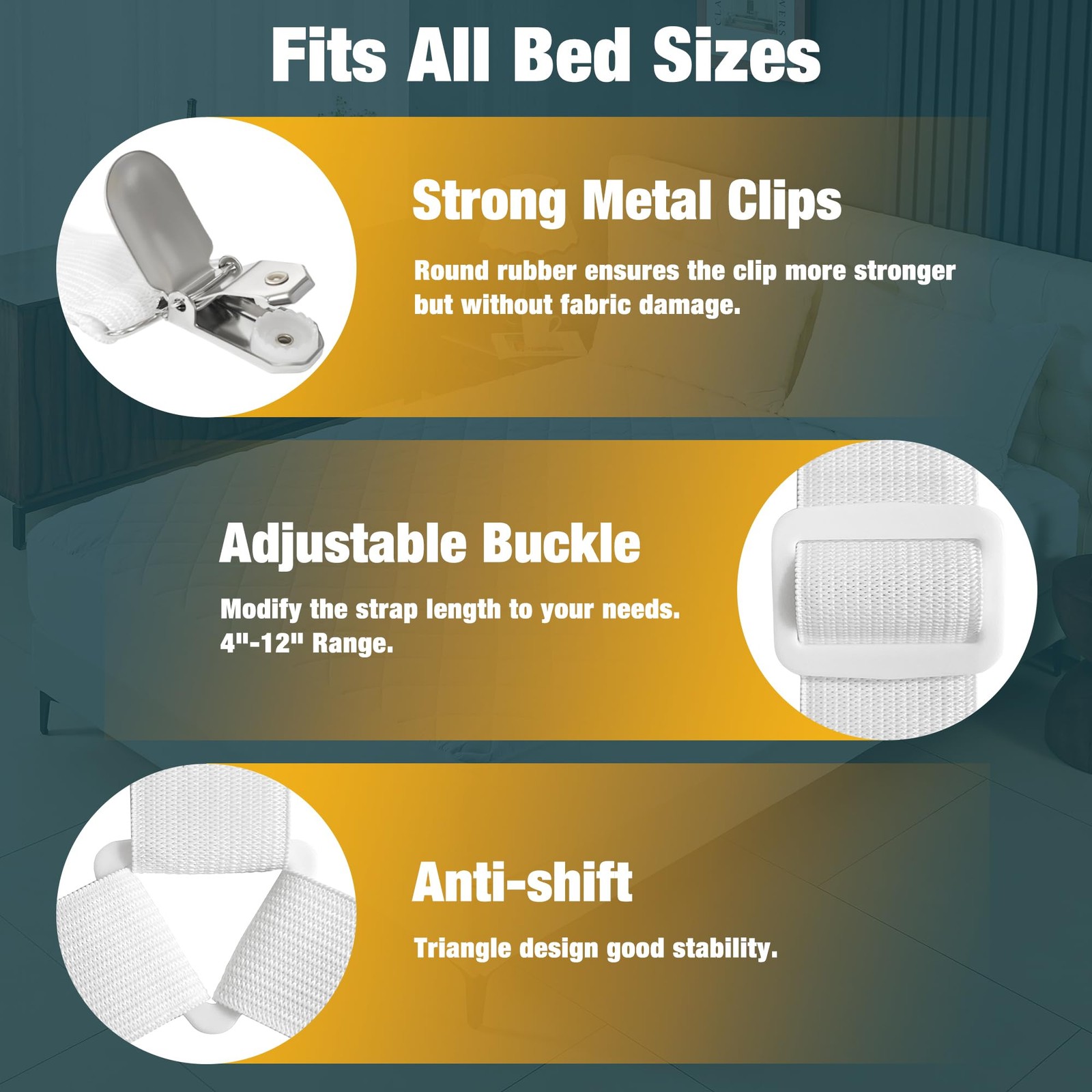 Whispering Wonder 4 Pack Adjustable Elastic Straps Metal Clips Bed Sheet
