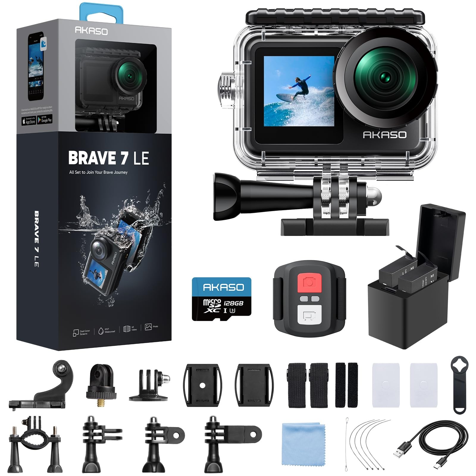 AKASO Brave 7 LE 4K30fps Action Camera with 128GB MicroSDXC U3 Memory Card...