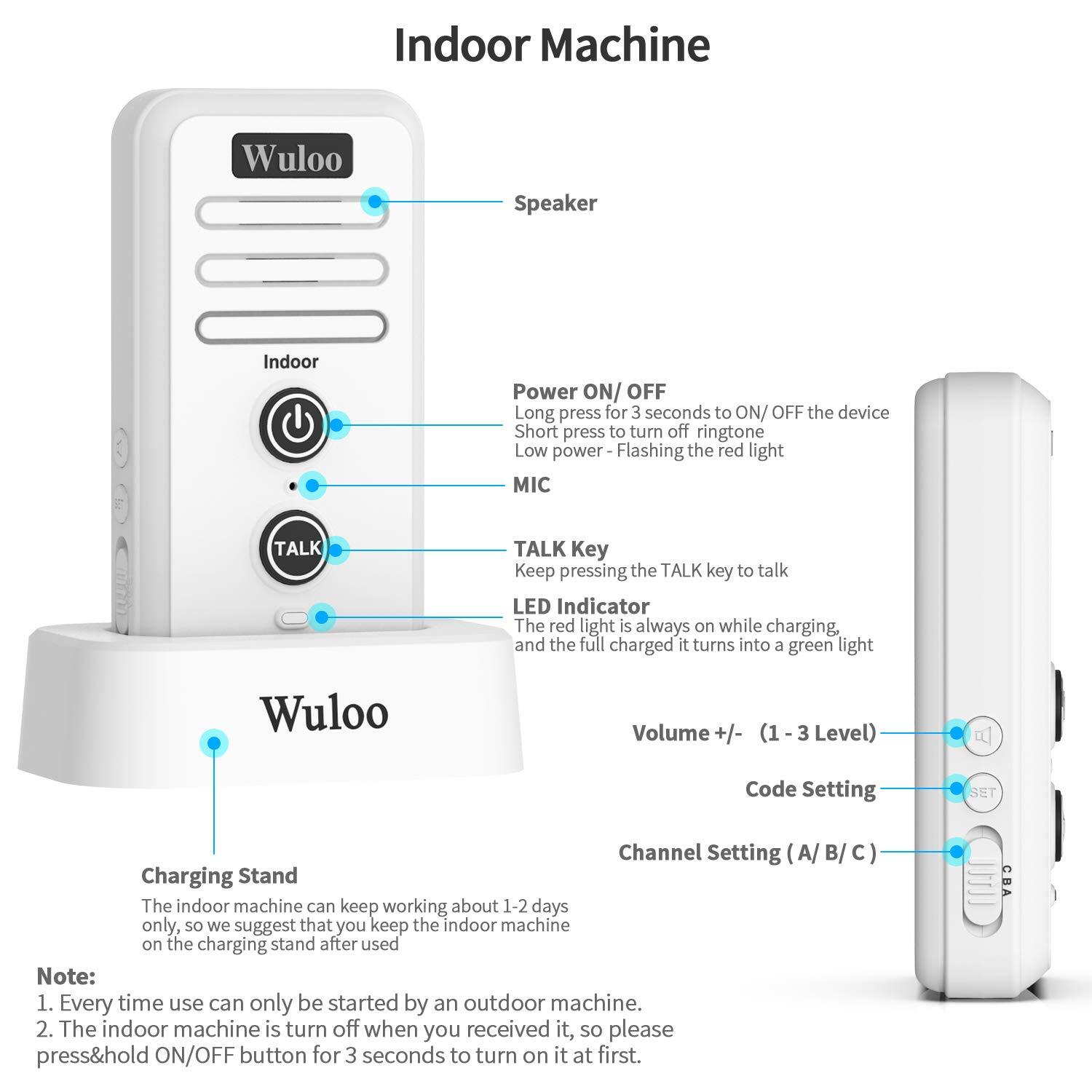 Wuloo Wireless Doorbell Intercoms 2640ft Range Weatherproof Rechargeable Stand
