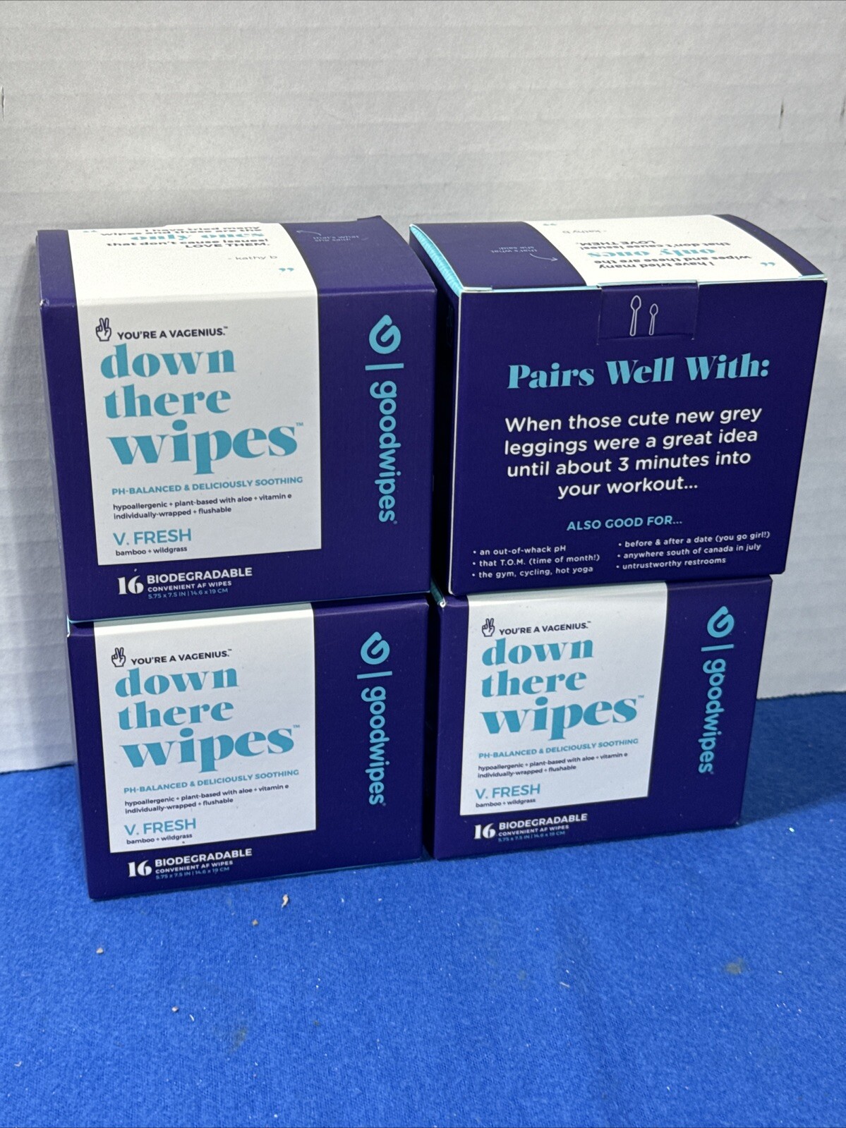 4 New Goodwipes Down There Wipes, V. Fresh Bamboo Wildgrass  Biodegradable 16 Ct