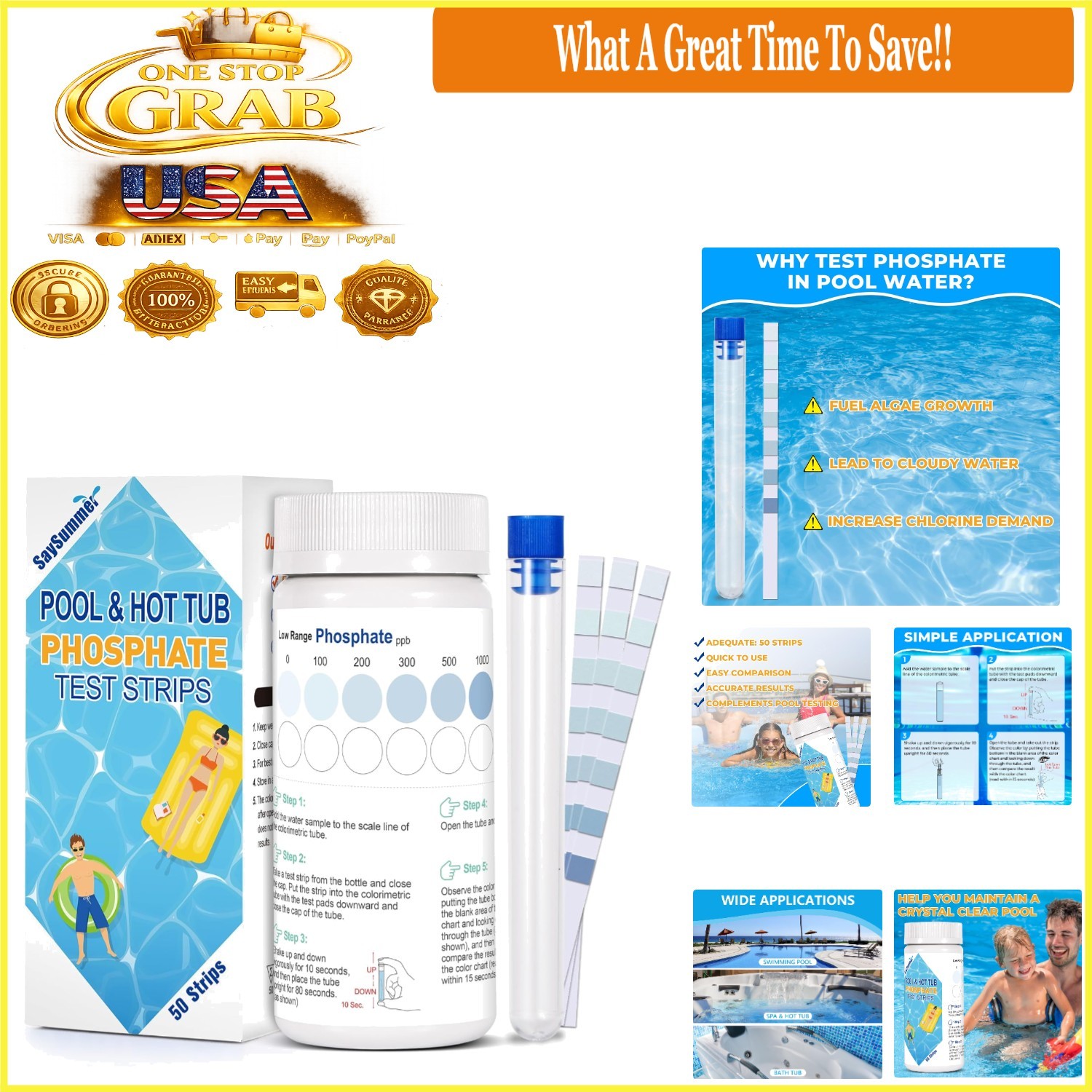 Pool & Hot Tub Phosphate  Kit 50 Strips Water Quality Testing