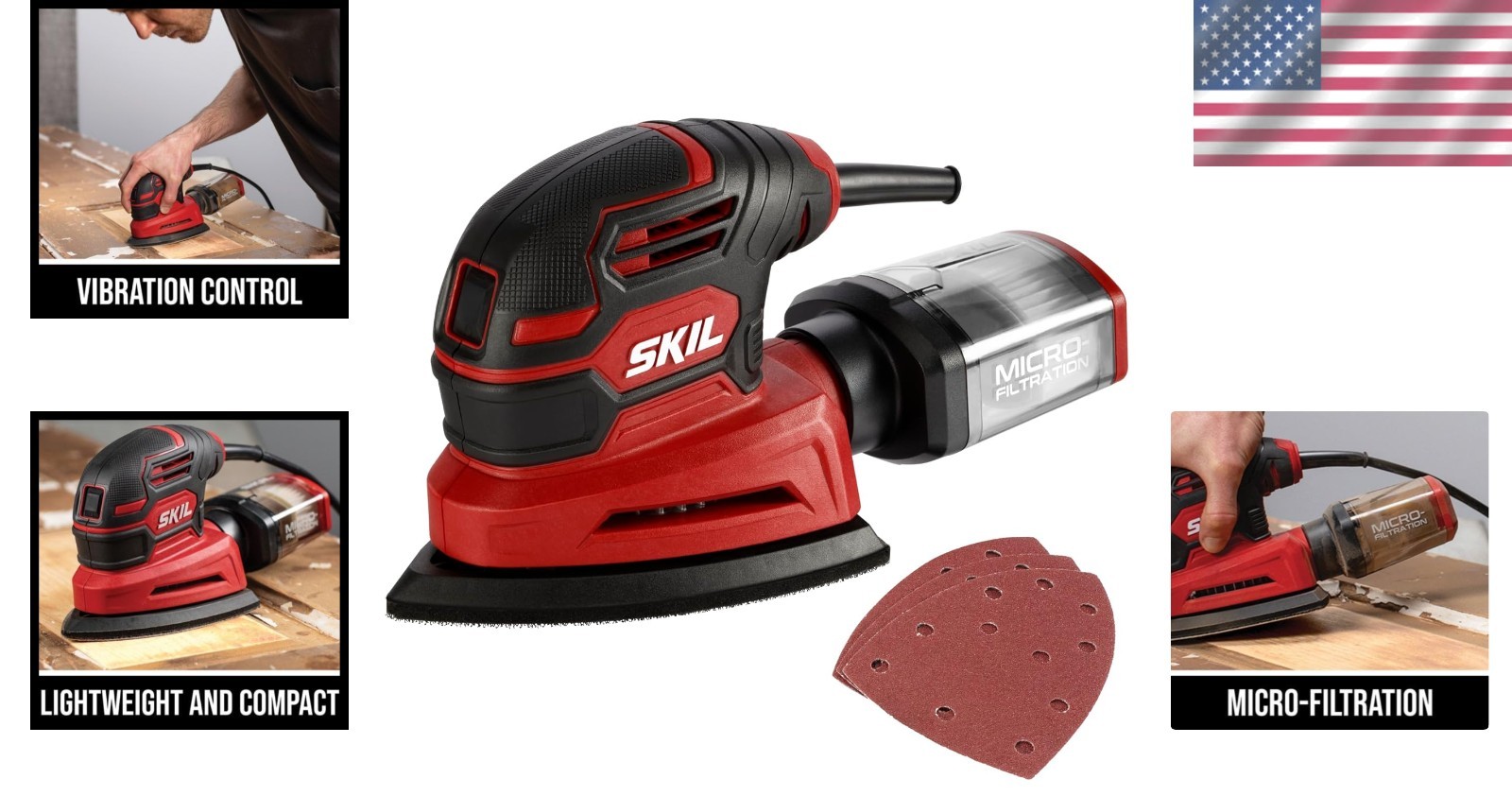 Corded Detail Sander - Low Vibration, Quick Sanding Sheet Changes, Dust Control