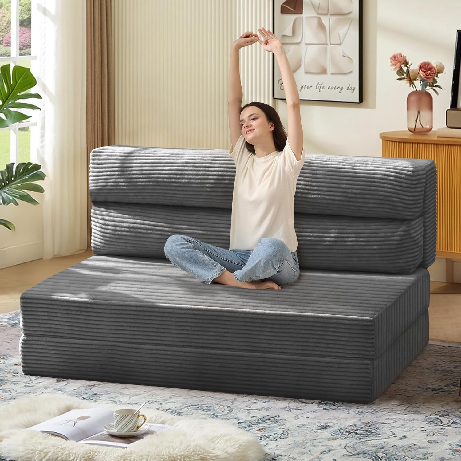 Folding Sofa Bed Convertible Sleeper Chair W/ Pilow Foldable Matress 2 in 1 Pull