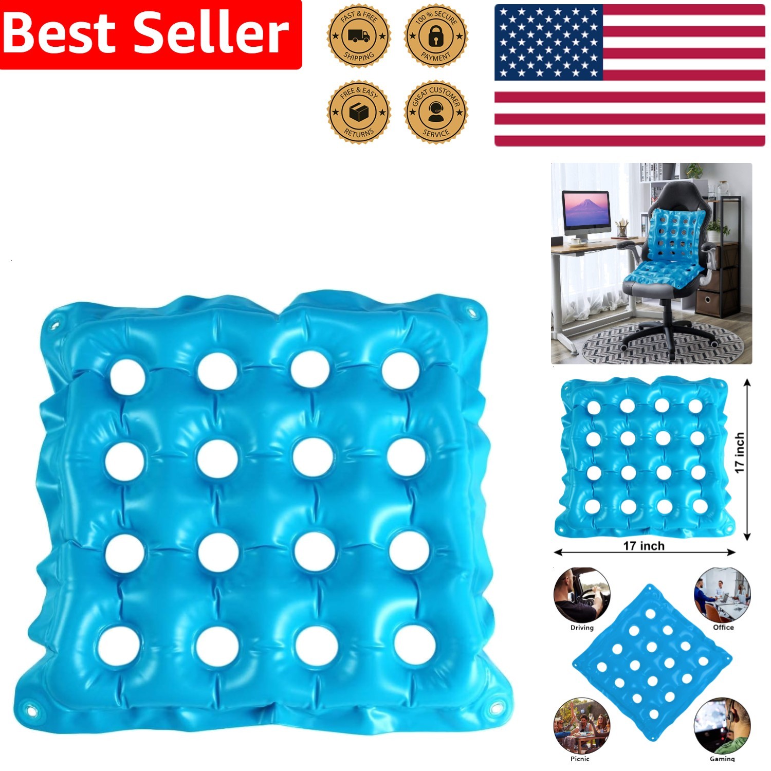 Adjustable Blue Air Seat Cushion Breathable Vent Office/Wheelchair Use