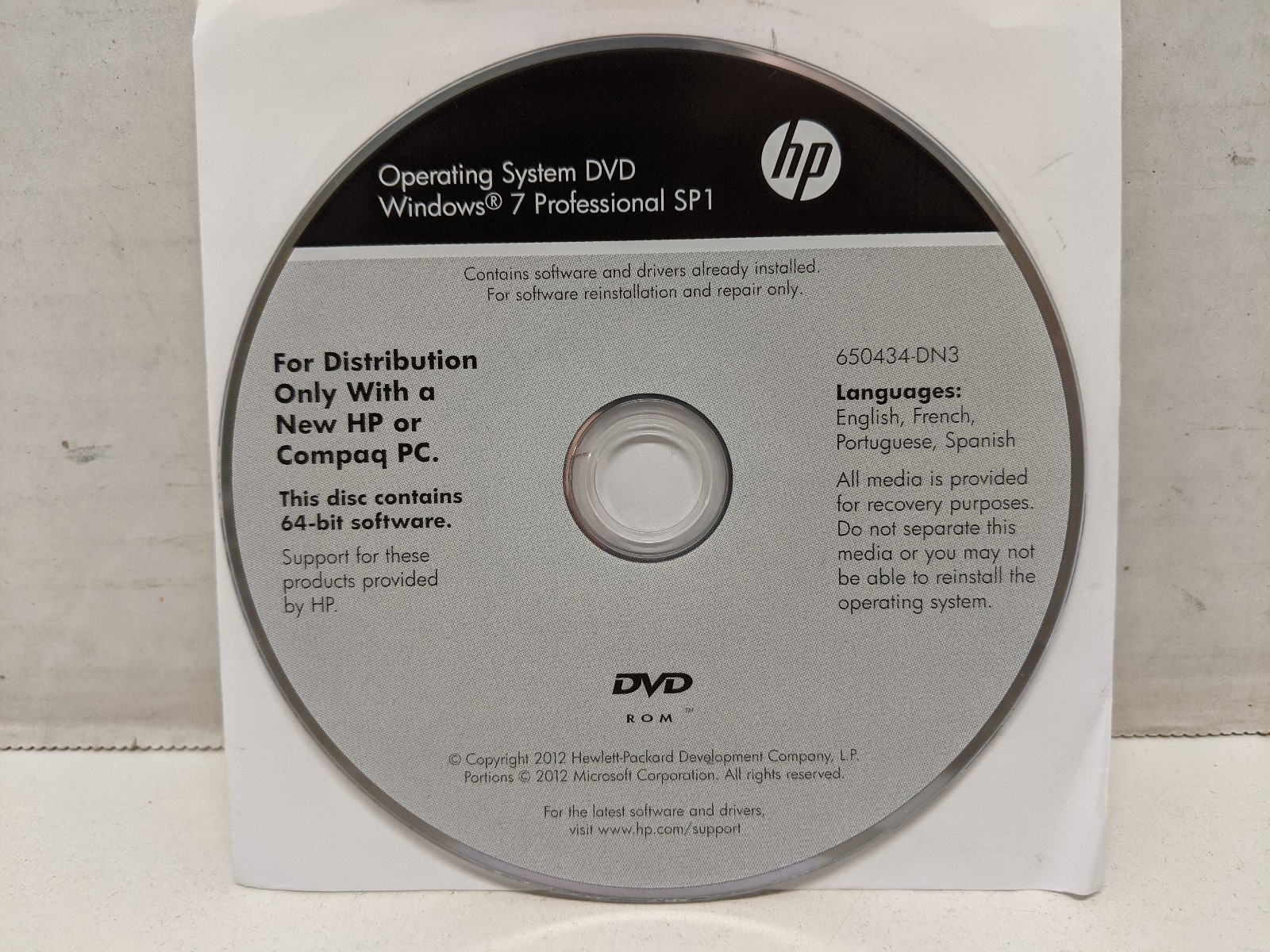 HP Operating System DVD Windows 7 Professional Sp1 64-bit  650434-DN3