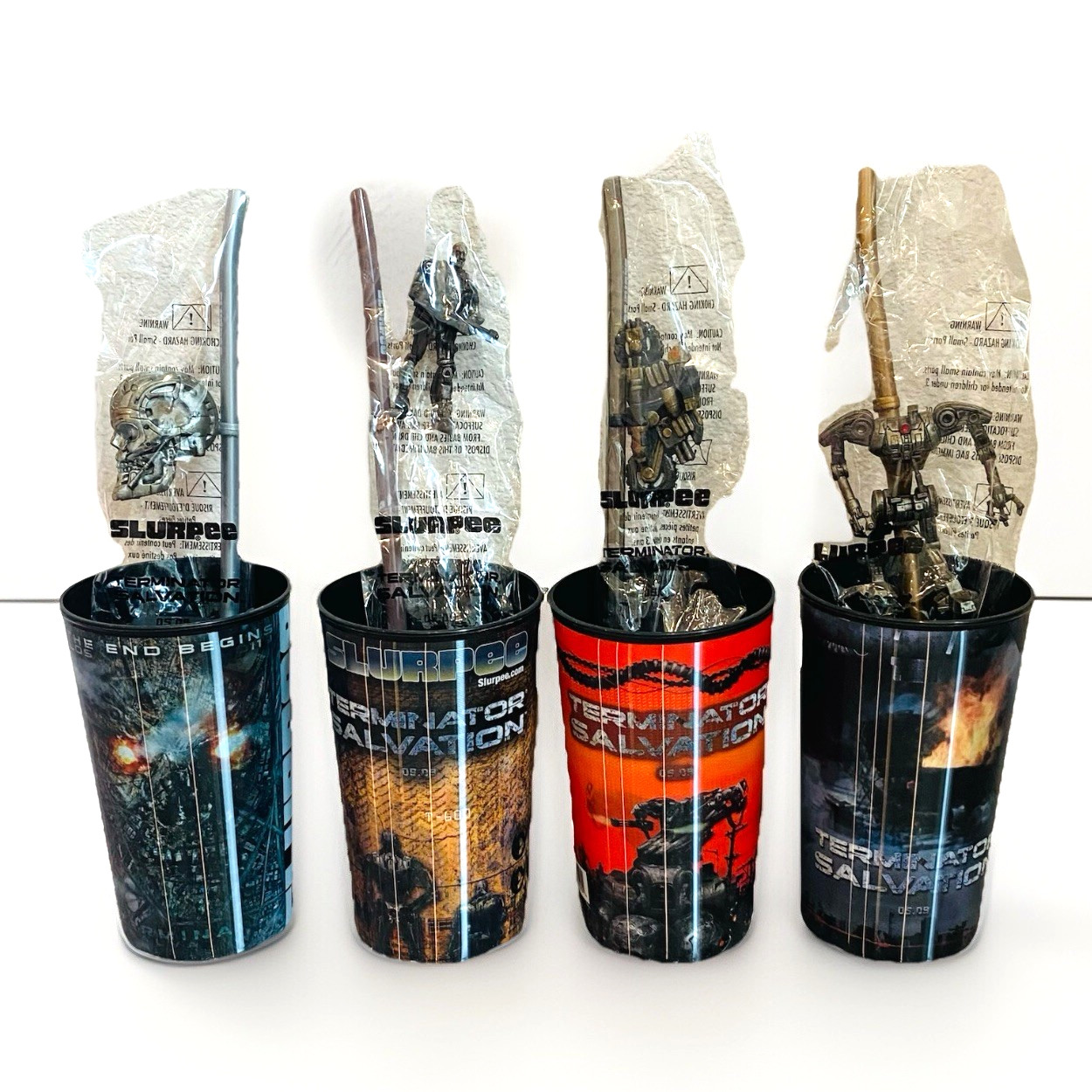 Terminator Salvation 7-ELEVEN Slurpee Cups Complete Set of 4 With Straws RARE
