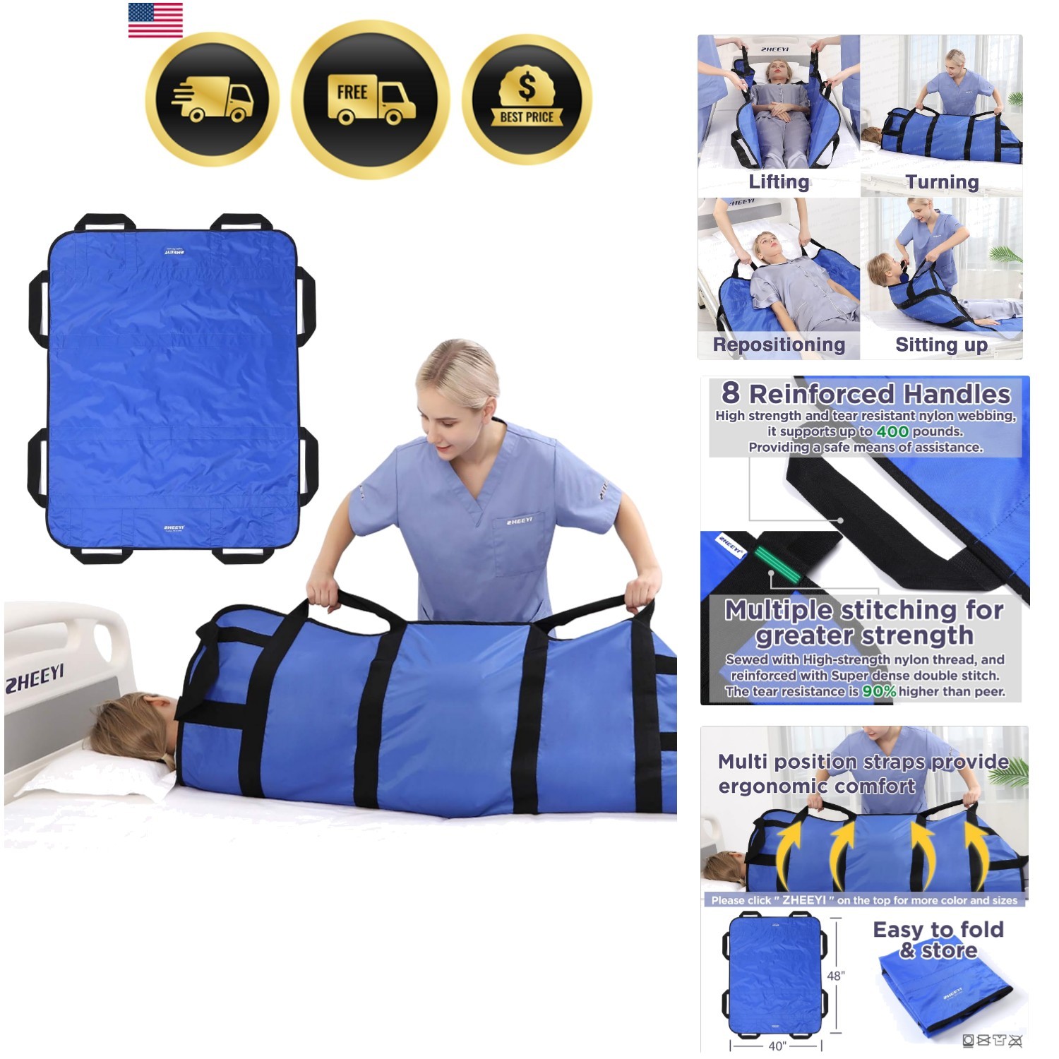 Multipurpose 48" x 40" Positioning Bed Pad with Reinforced Handles - Reusable...