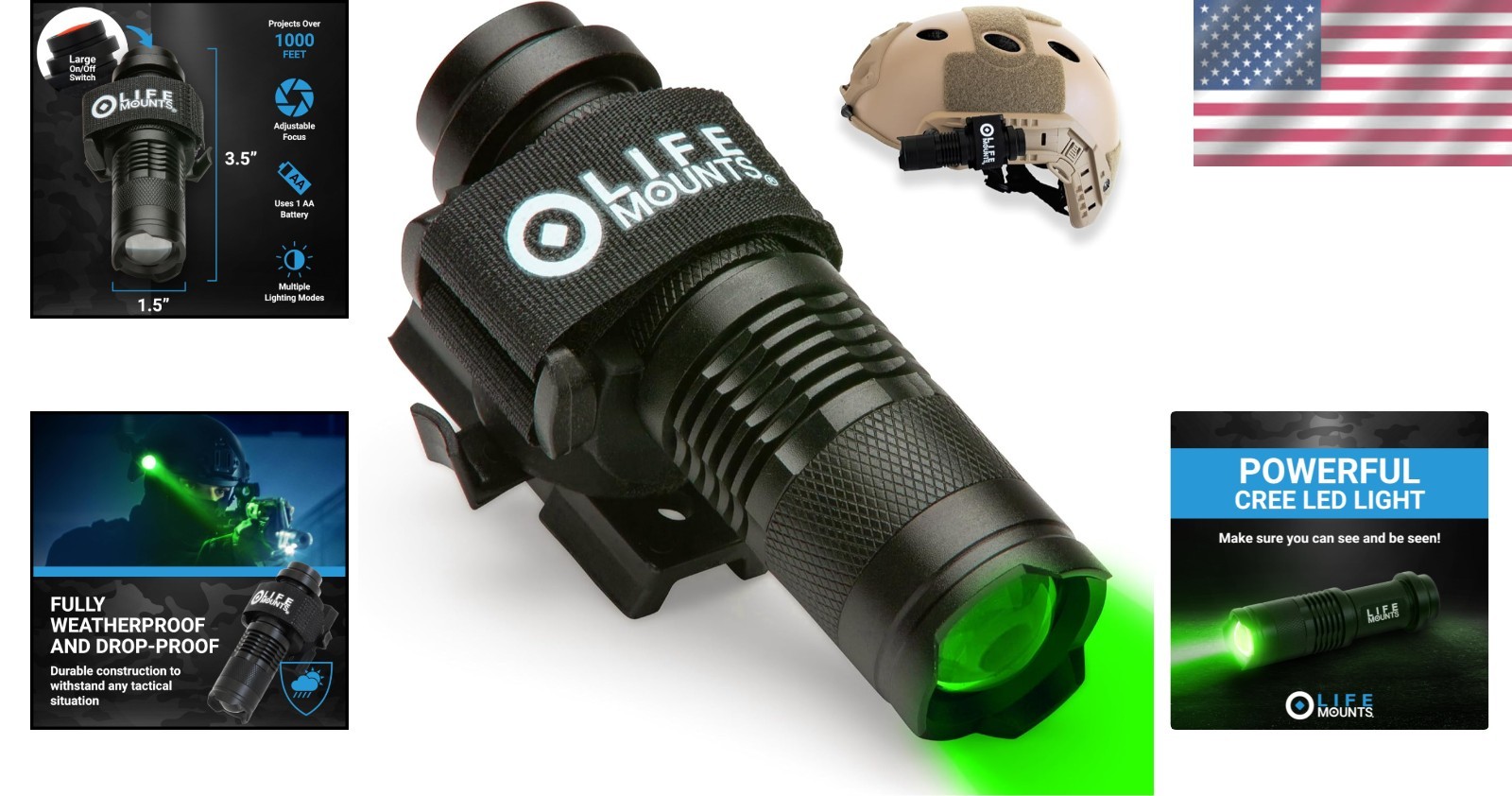 Quick-Detach Tactical Helmet Flashlight - Hands-Free Green LED Mounting System