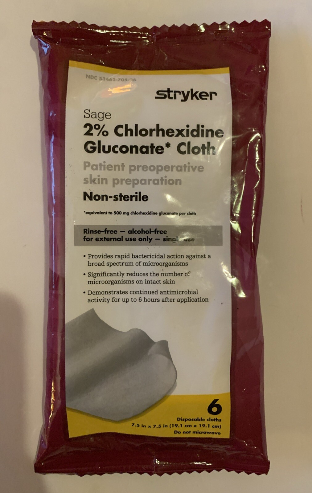 Stryker 2% Chlorhexidine Gluconate Preoperative Cloth 6 Pack