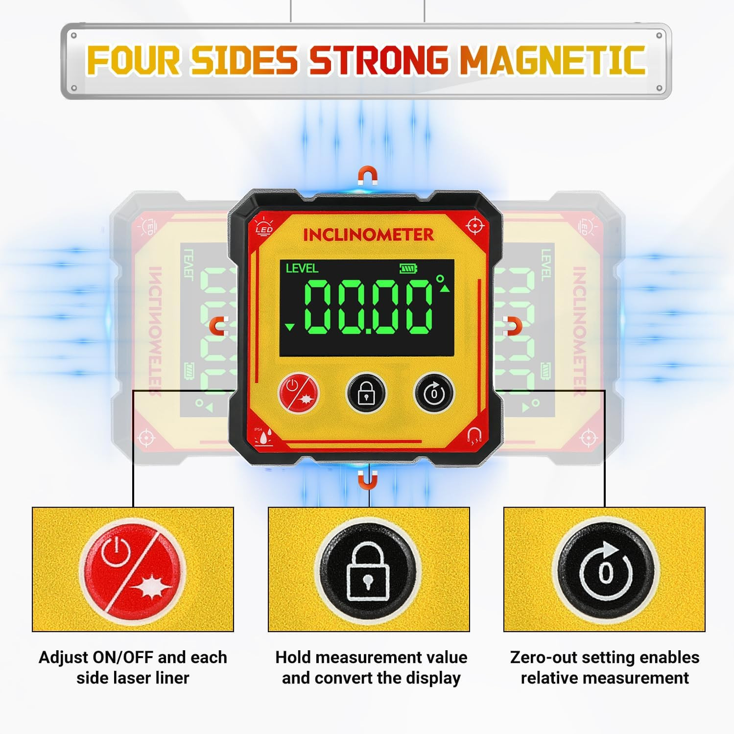 Digital Angle Finder with Laser, 4-side Electronic Strong Magnetic Angle Gauge