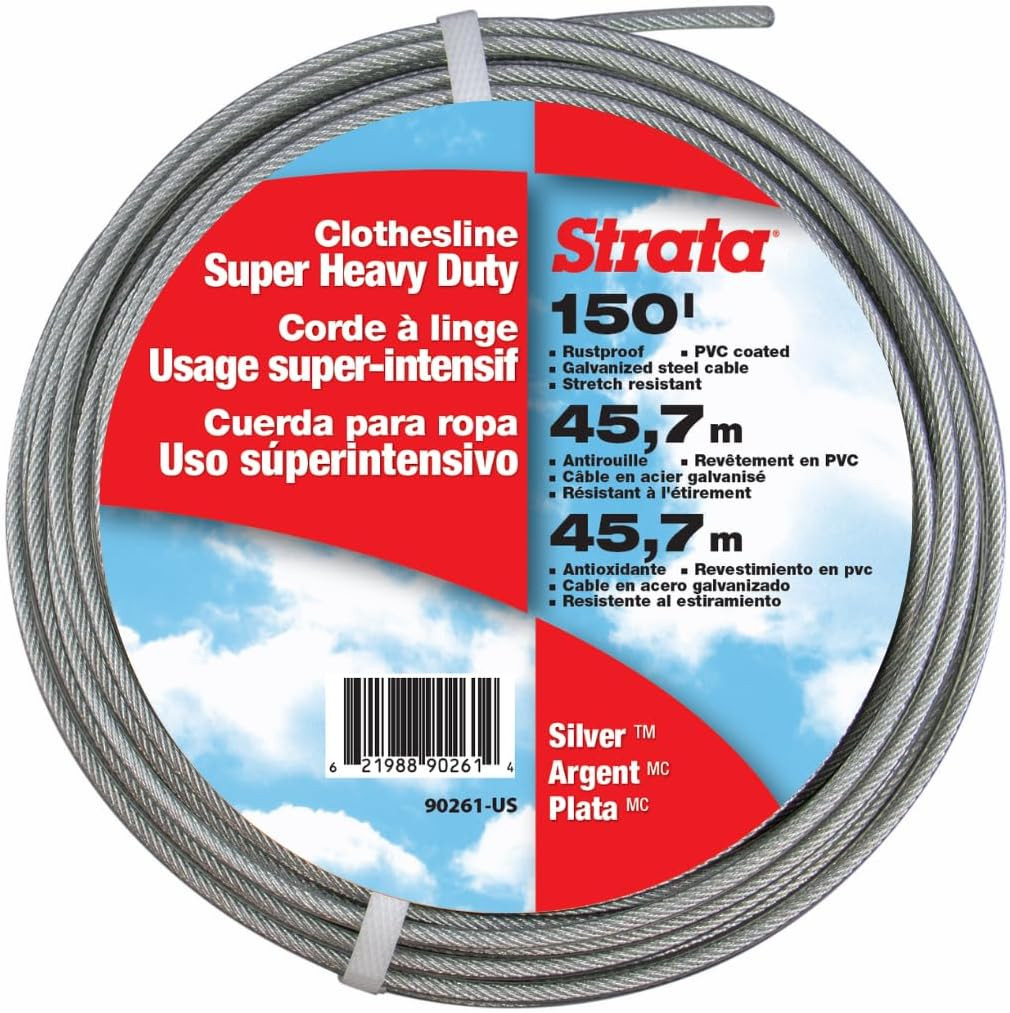 150 Feet Clothesline Outdoor Heavy Duty Galvanized Wire Steel Cable, Silver PVC