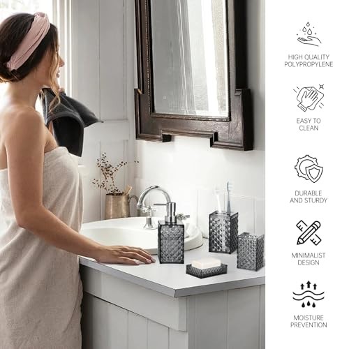 Bathroom Accessory Set, Grid Pattern 5 Pcs Plastic Bathroom Set 5 Pack Grey