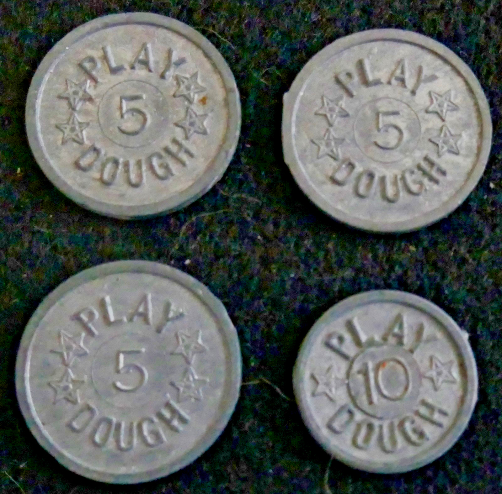 Vintage Mid-Century PLAY DOUGH METAL COINS - 3 Nickels and 1 Dime - Likely 1950s