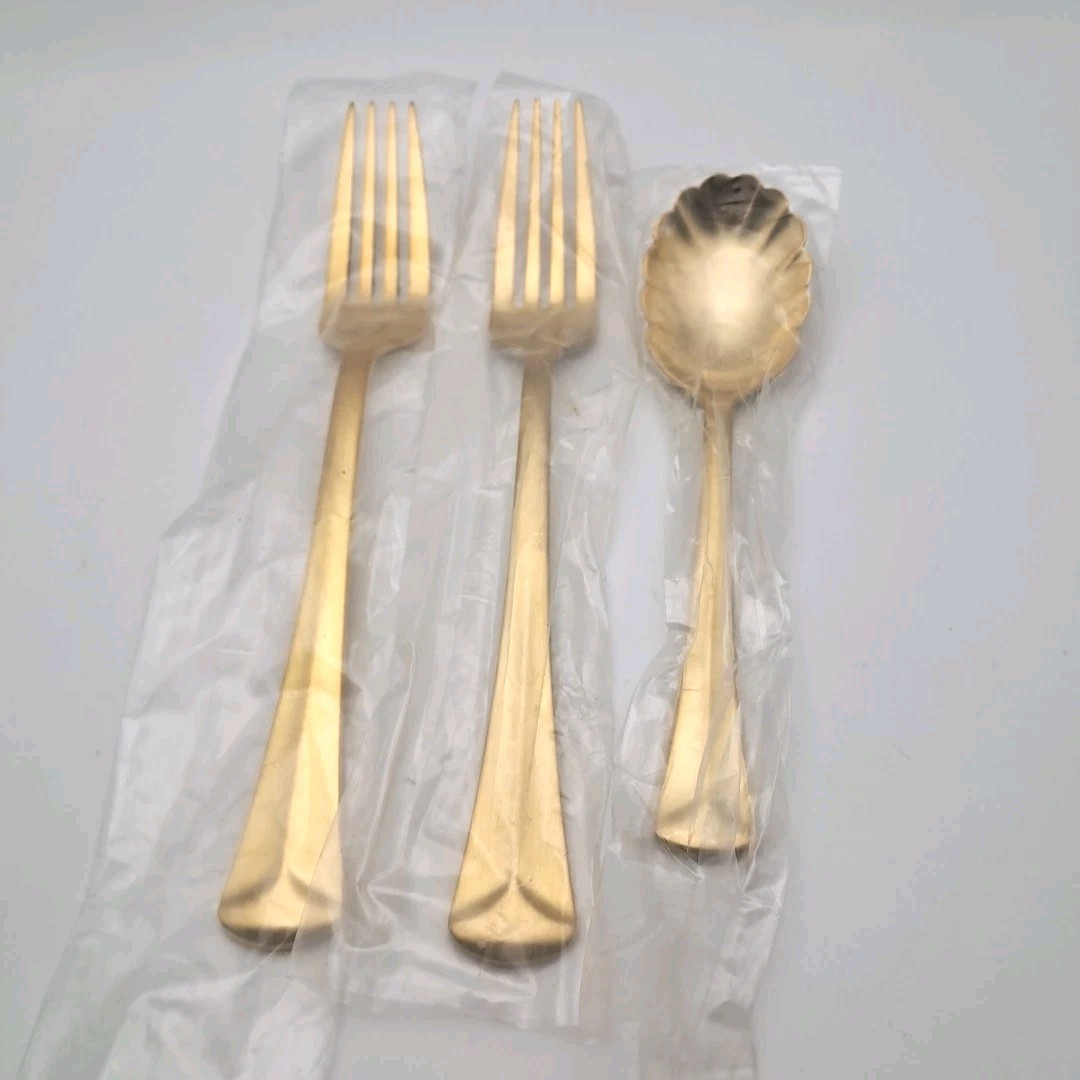 Reed & Barton Baquette Gold Satin 2 Forks & Sugar Spoon 18/10 Stainless Vietnam