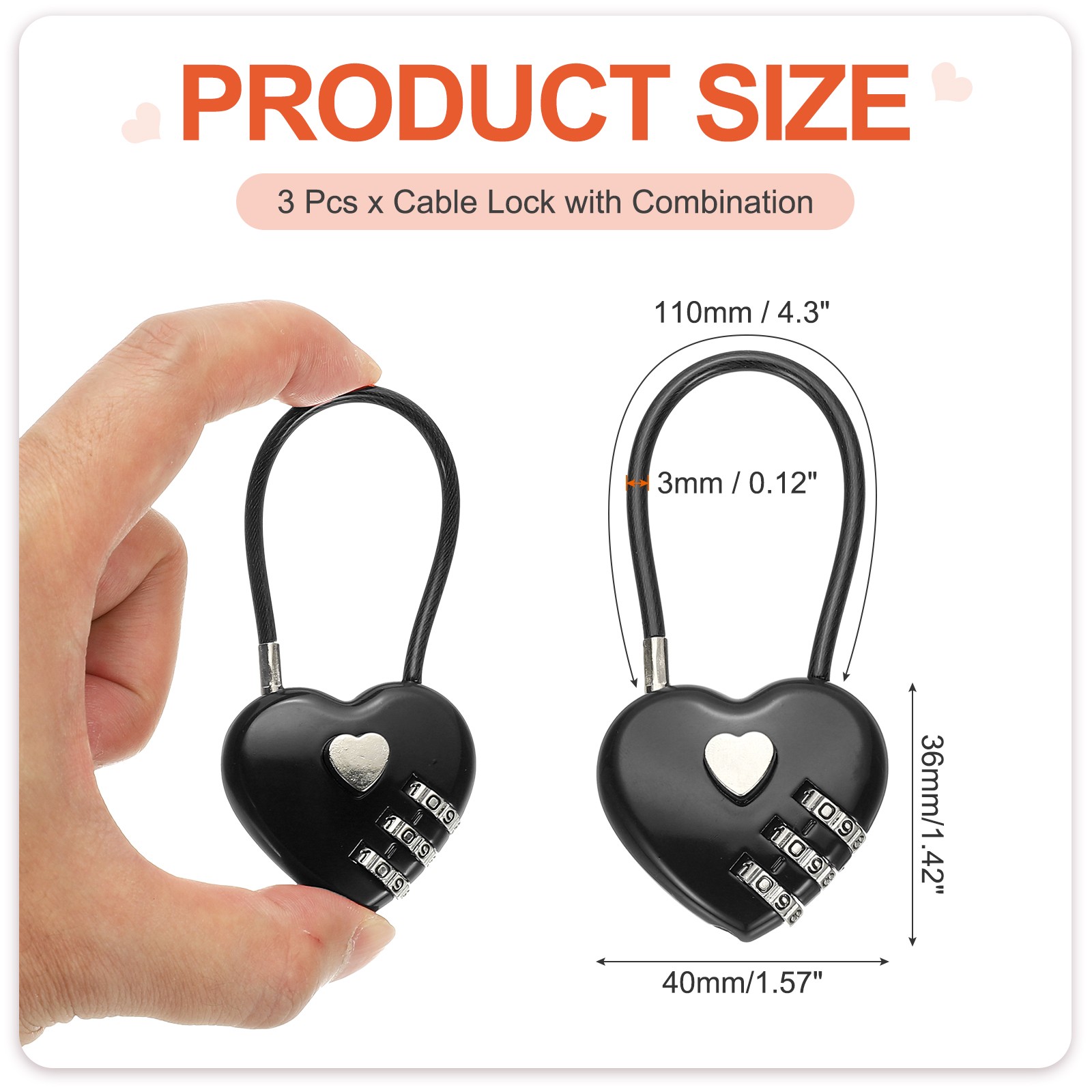 3 Pcs 3 Digit Cable Lock with Combination 4.3" Steel Rope Black