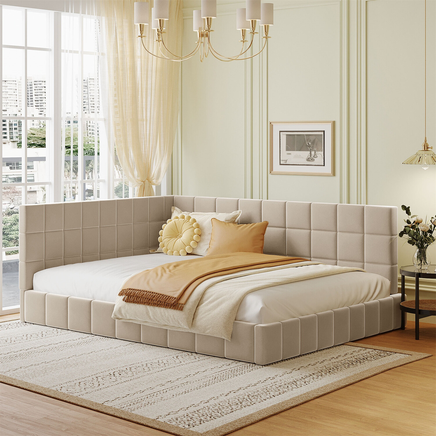 Full Size Daybed Velvet Upholstered Bed Frame Sofa Bed Wood Slat Support